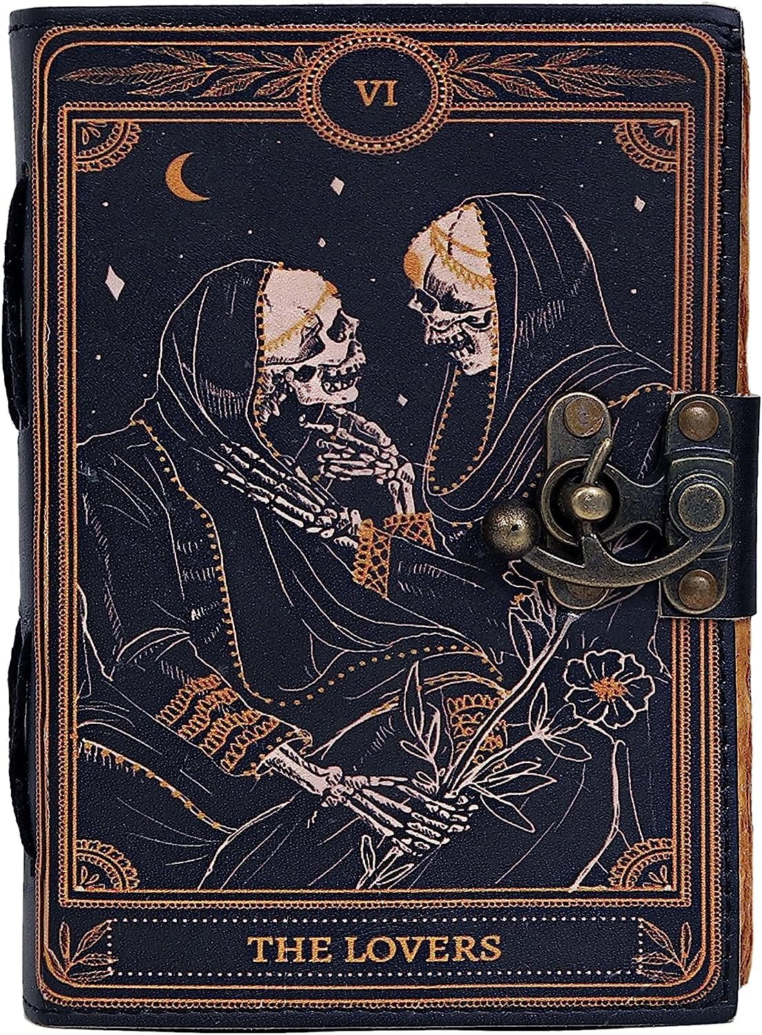 C CUERO Libro de hechizos Diario de cuero con borde deckle de papel Grimorio impreso diario The Lovers Tarot cuaderno espiral gótico para amantes de