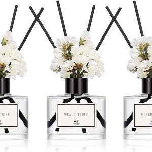 Juego de 3 difusores de varillas de flores (bambú, salvia y sal marina, aroma de sándalo y ébano) para accesorios de baño, decoración de estantes de Juego de 3 difusores de varillas de flores (bambú, salvia y sal marina, aroma de sándalo y ébano) para accesorios de baño, decoración de estantes de