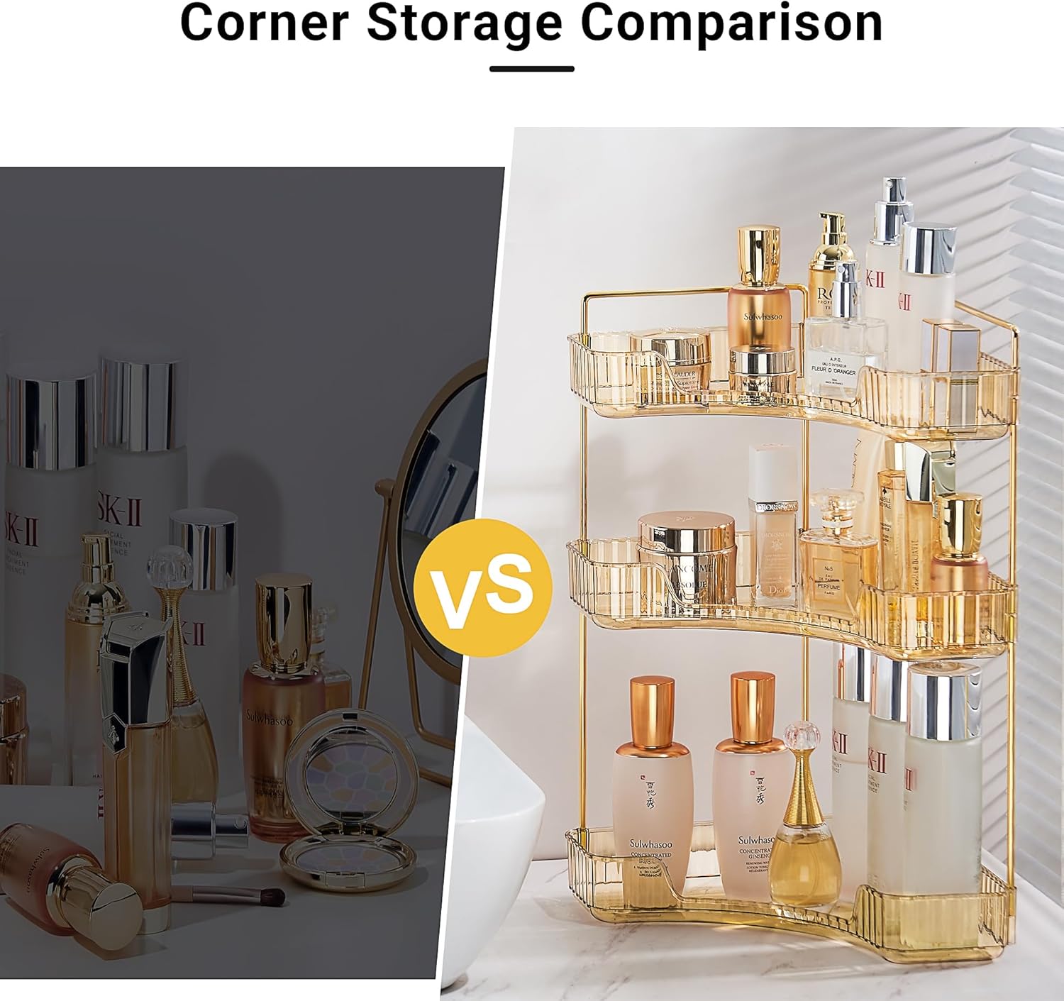 Organizador de maquillaje para esquina de baño, soporte organizador de maquillaje ámbar de 3 niveles, estante de perfume acrílico de gran capacidad,