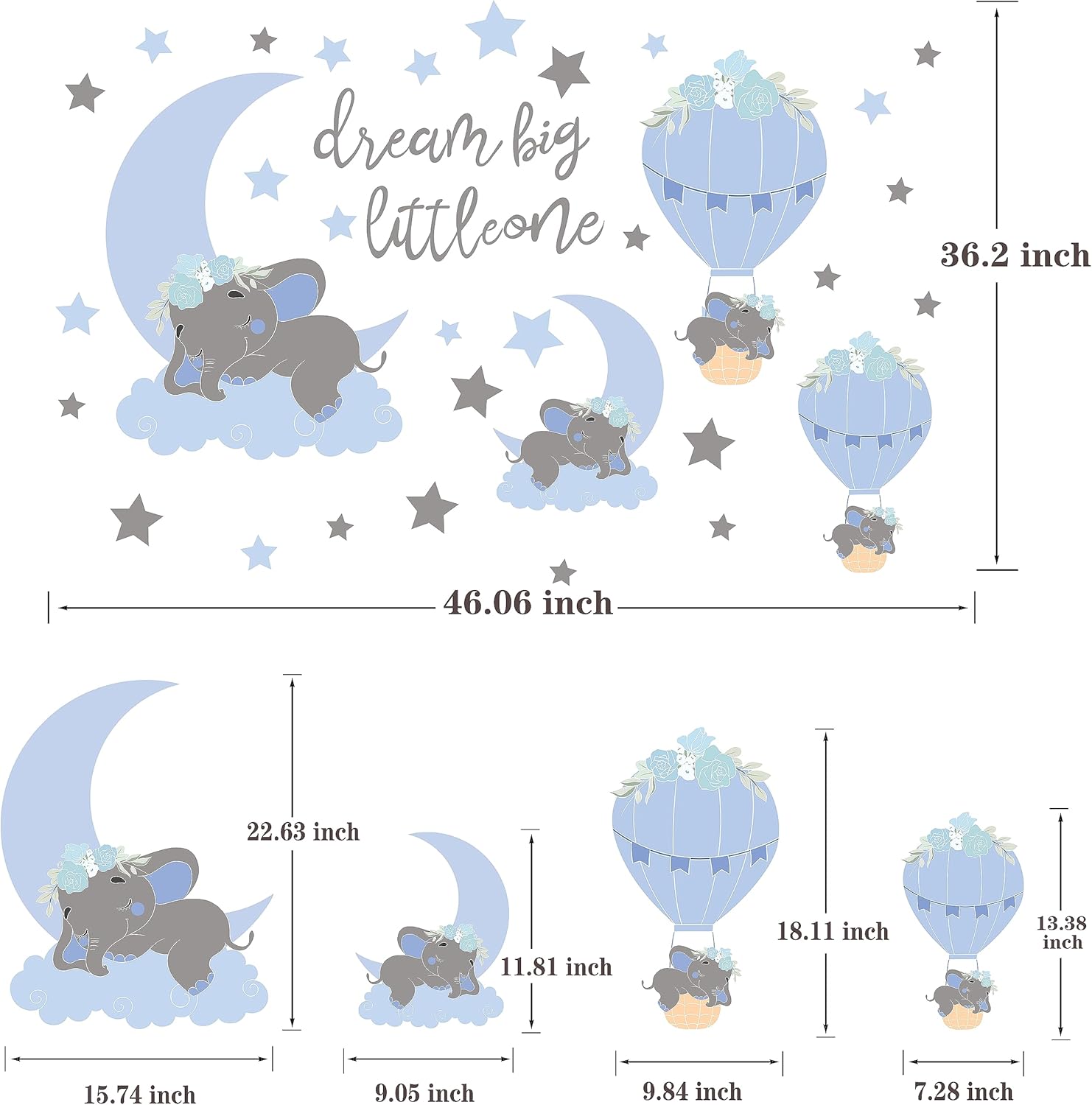 TALLSOCNE Calcomanías de pared Dream Big Little One Elefante, decoración de habitación de bebé, luna azul, globo aerostático, estrellas grises,
