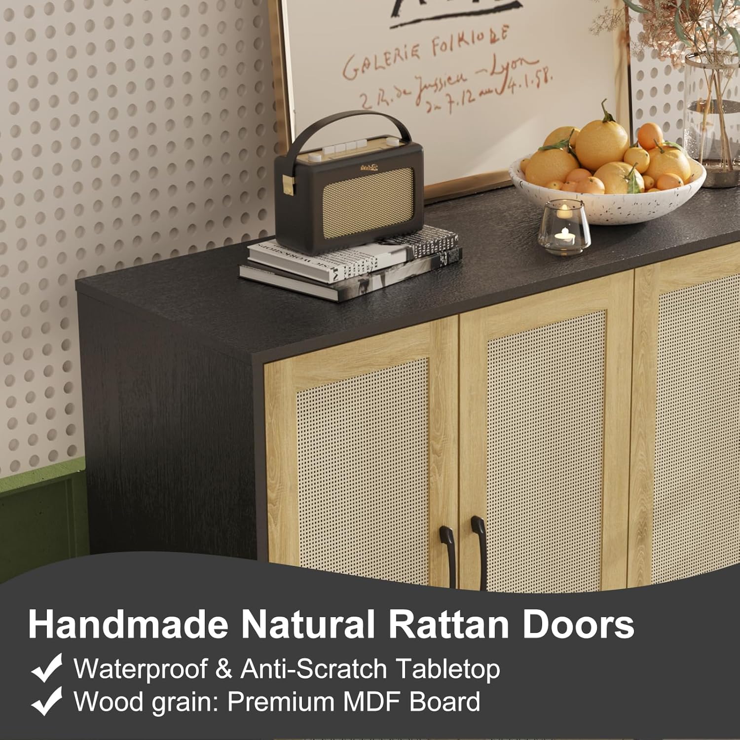 Kopuity Armario de almacenamiento con ribete de ratán, aparador de 4 puertas con almacenamiento, armario decorativo con estantes para baño,