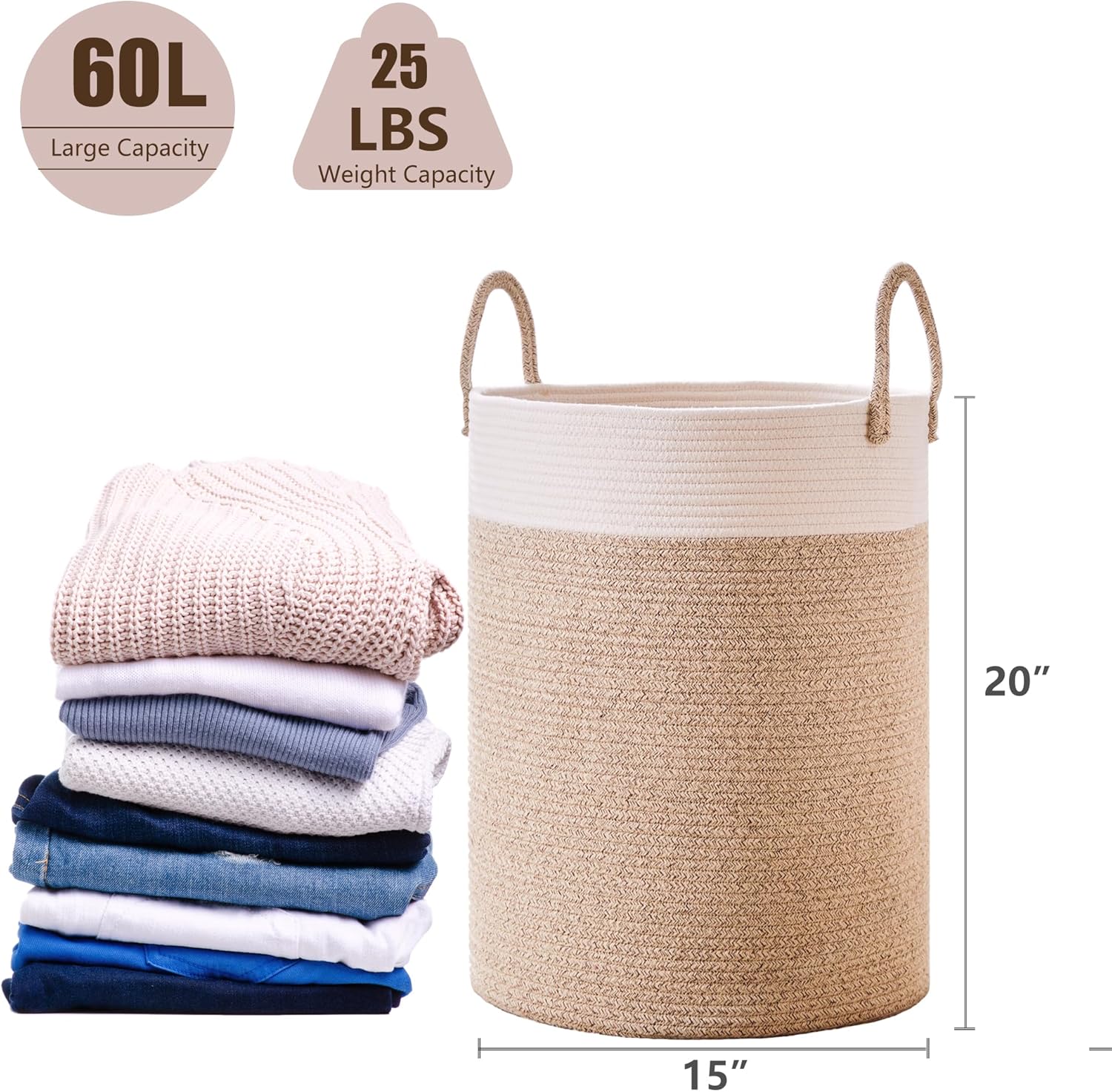 Cesta tejida para ropa sucia, cesta de cuerda alta de 60 litros para manta, cesta de ropa para dormitorio, cuarto de bebé, cesta de lavandería para