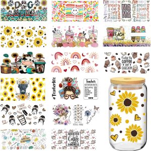 Calcomanías de transferencia de copa UV DTF para vidrio, 15 hojas de transferencia de tazas para manualidades, calcomanías para tazas de vidrio Calcomanías de transferencia de copa UV DTF para vidrio, 15 hojas de transferencia de tazas para manualidades, calcomanías para tazas de vidrio