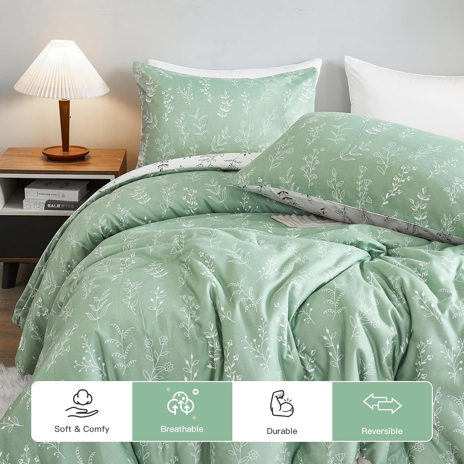 SeaRoomy Juego de edredón tamaño Queen, 3 piezas reversibles con estampado floral, color verde salvia y blanco, flores botánicas para todas las