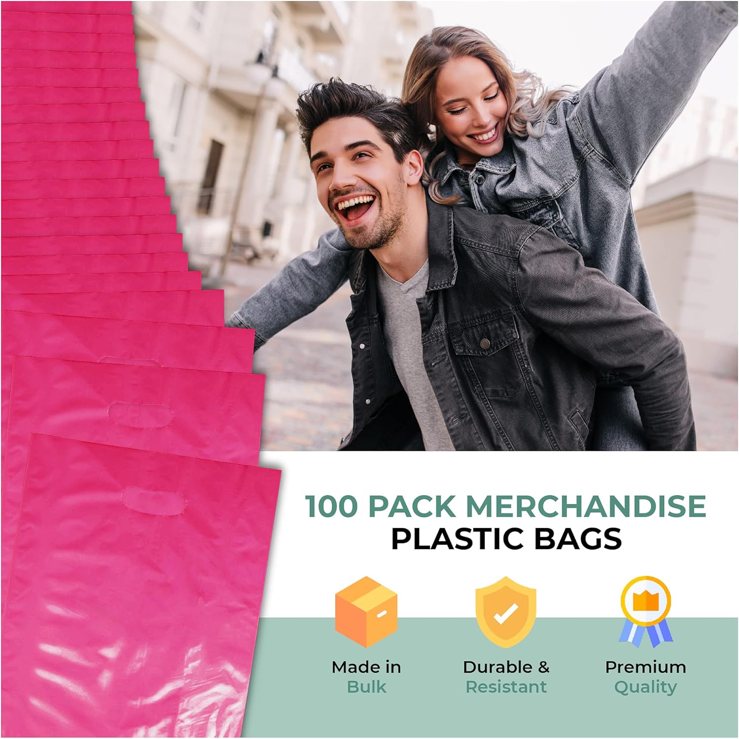 Paquete de 100 bolsas de plástico brillante para mercancías de 12 x 15 pulgadas de grosor de 12 x 15 pulgadas de grosor, asas troqueladas, perfectas
