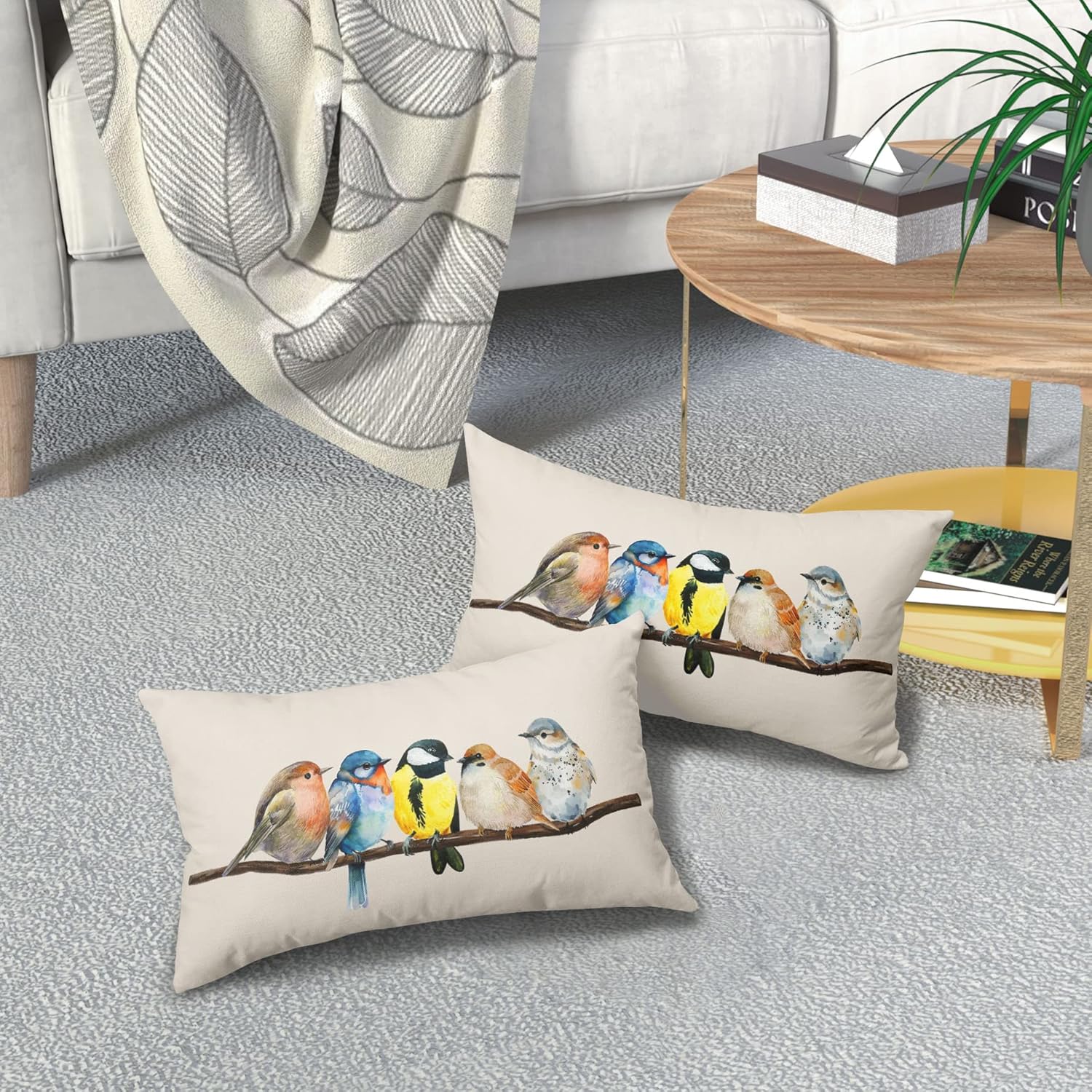 Juego de 2 fundas de almohada lumbares de pájaro pintado al óleo de 12 x 20 pulgadas, diseño rústico de ramas de árbol, fundas de almohada