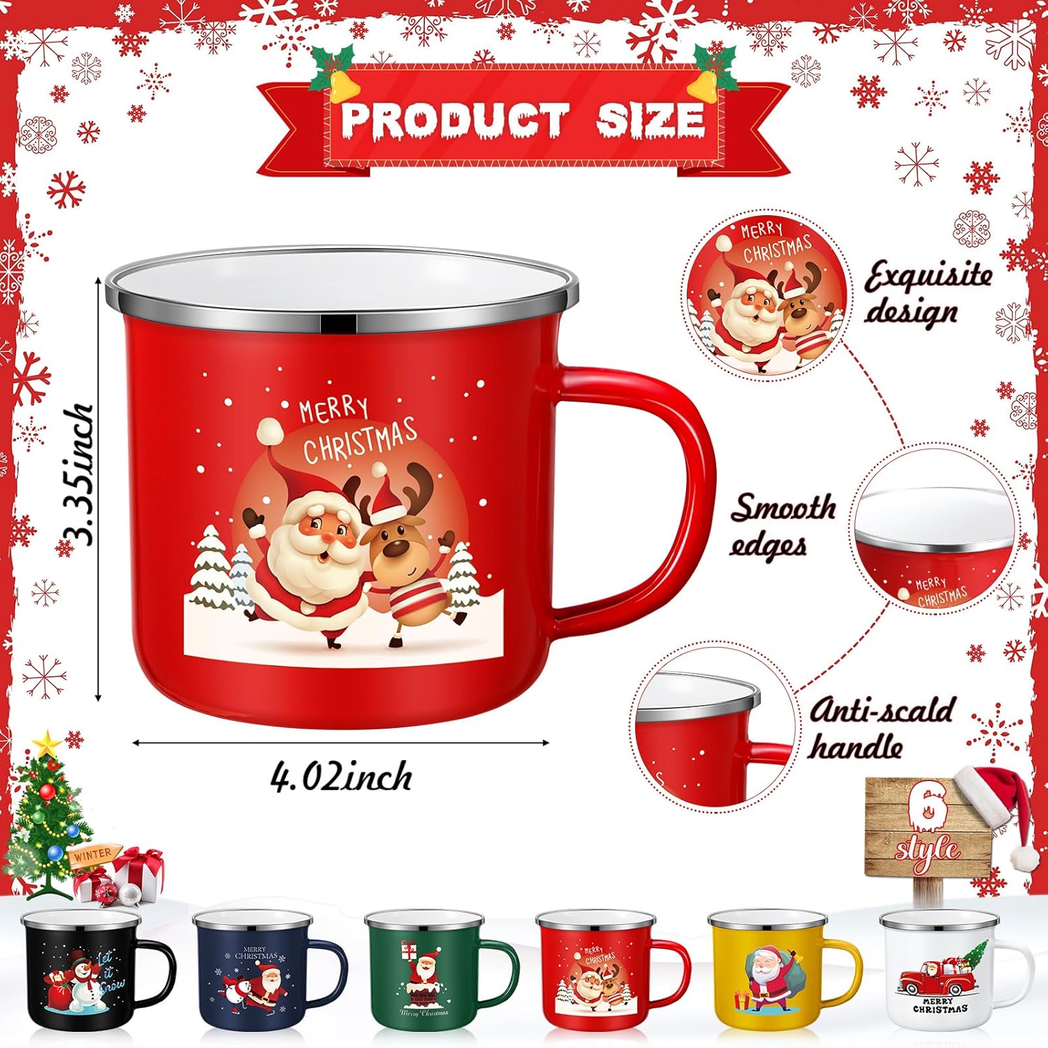 Zhehao 6 tazas de café de Navidad esmaltadas de 12 onzas de Navidad con diseño de feliz Navidad, tazas de café de Navidad para Navidad, café, té,