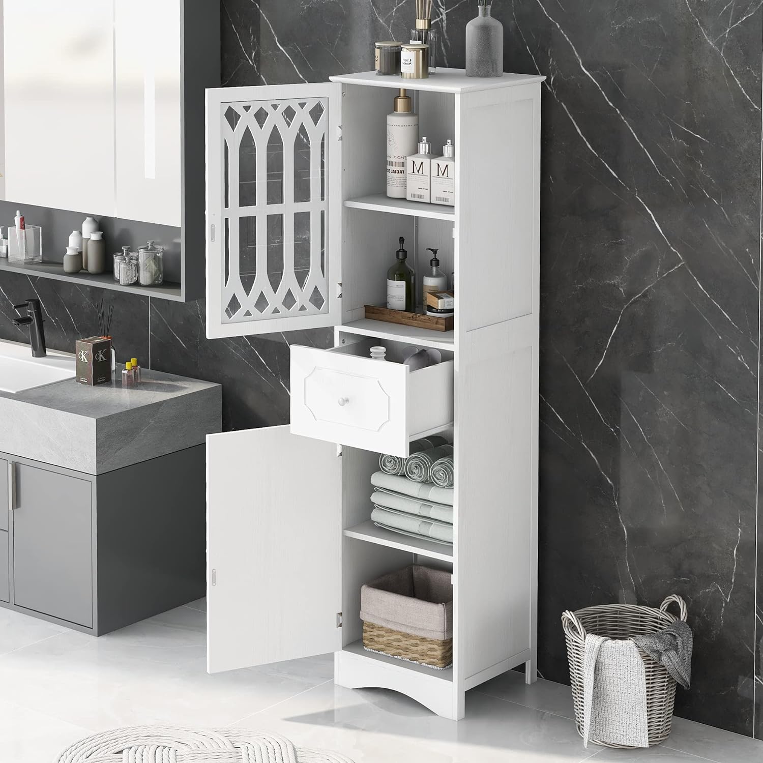 Bellemave Armario de baño, armario de almacenamiento con cajones y puertas, gabinete de piso de baño, armario de despensa de cocina con puertas para