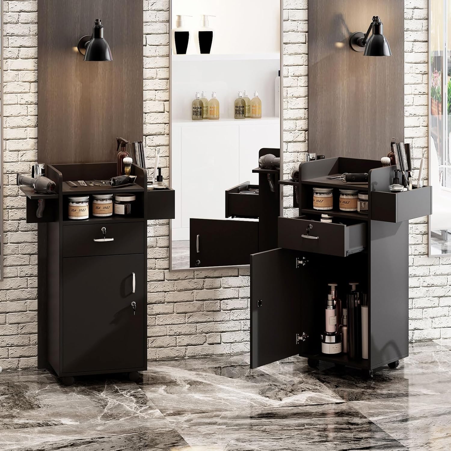 Estaciones de peluquería para estilistas, gabinete de peluquería para estilista con cajones de bloqueo y 6 fundas de herramientas, equipo de salón