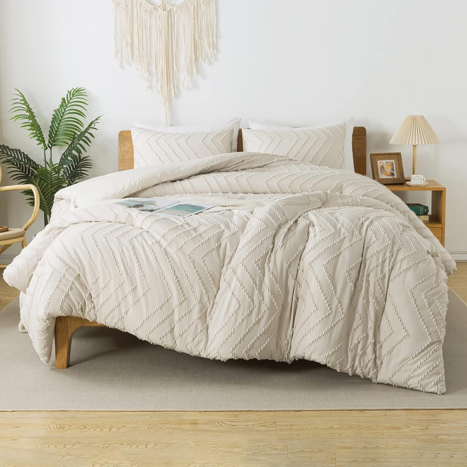 Litanika Juego de edredón de tamaño matrimonial, color beige, bohemio, ligero, esponjoso, juego de ropa de cama para cama, juego de cama de 3 piezas