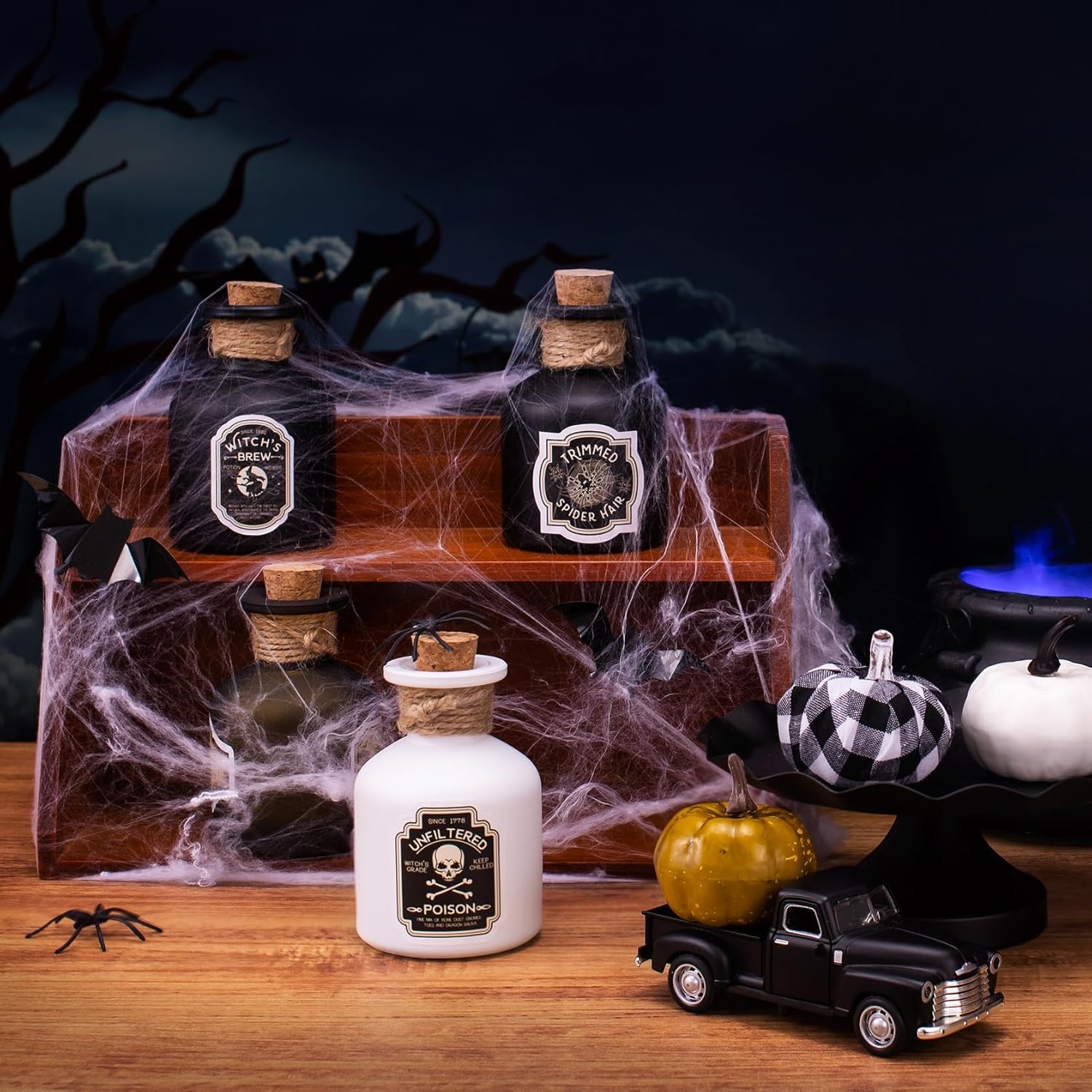 Decoraciones de Halloween para interiores  Decoración de bandeja escalonada de Halloween  3 botellas de poción de vidrio con 6 calcomanías  Botellas