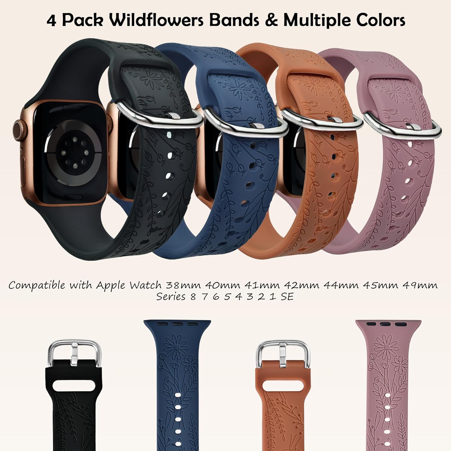 YOPICKERN Paquete de 4 correas grabadas florales con dijes compatibles con Apple Watch Band de 1.575 pulgadas, 1.614 pulgadas, 1.496 pulgadas,
