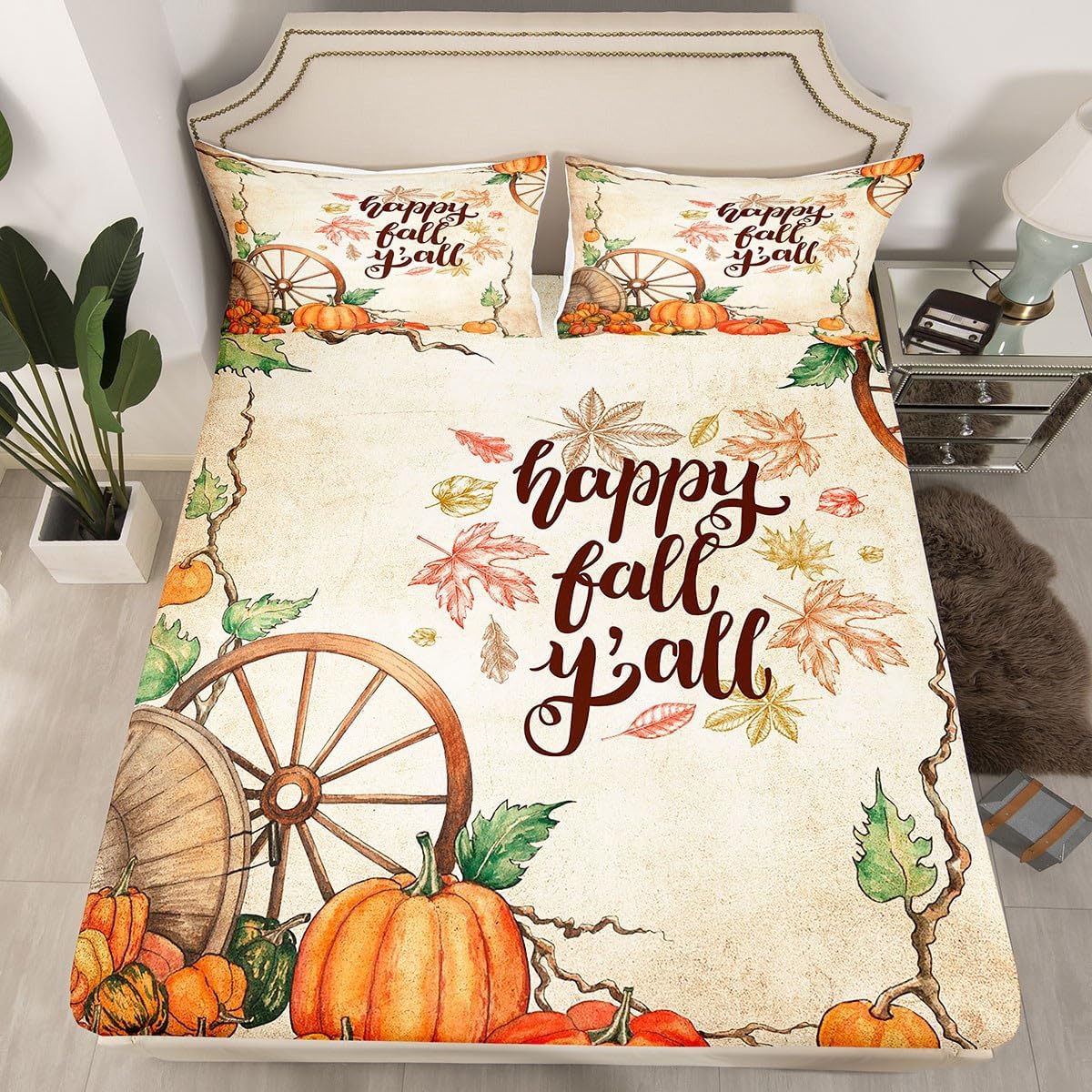 Fall Cabin – Sábana bajera ajustable para niños, tamaño individual, juego de ropa de cama retro con hojas de arce otoñal, decoración de dormitorio