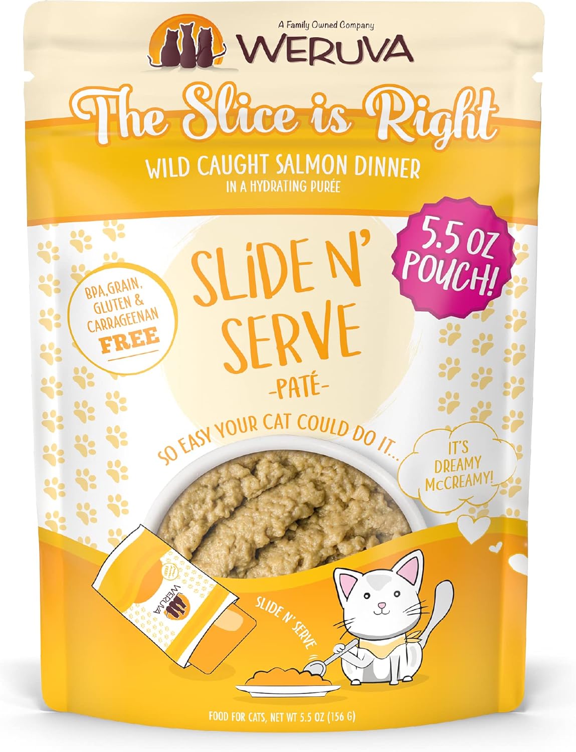 Weruva Slide N’ Serve Paté, alimento húmedo para gatos, The Slice is Right, cena de salmón silvestre, bolsa de 5.5 oz (156 g) (paquete de 12),