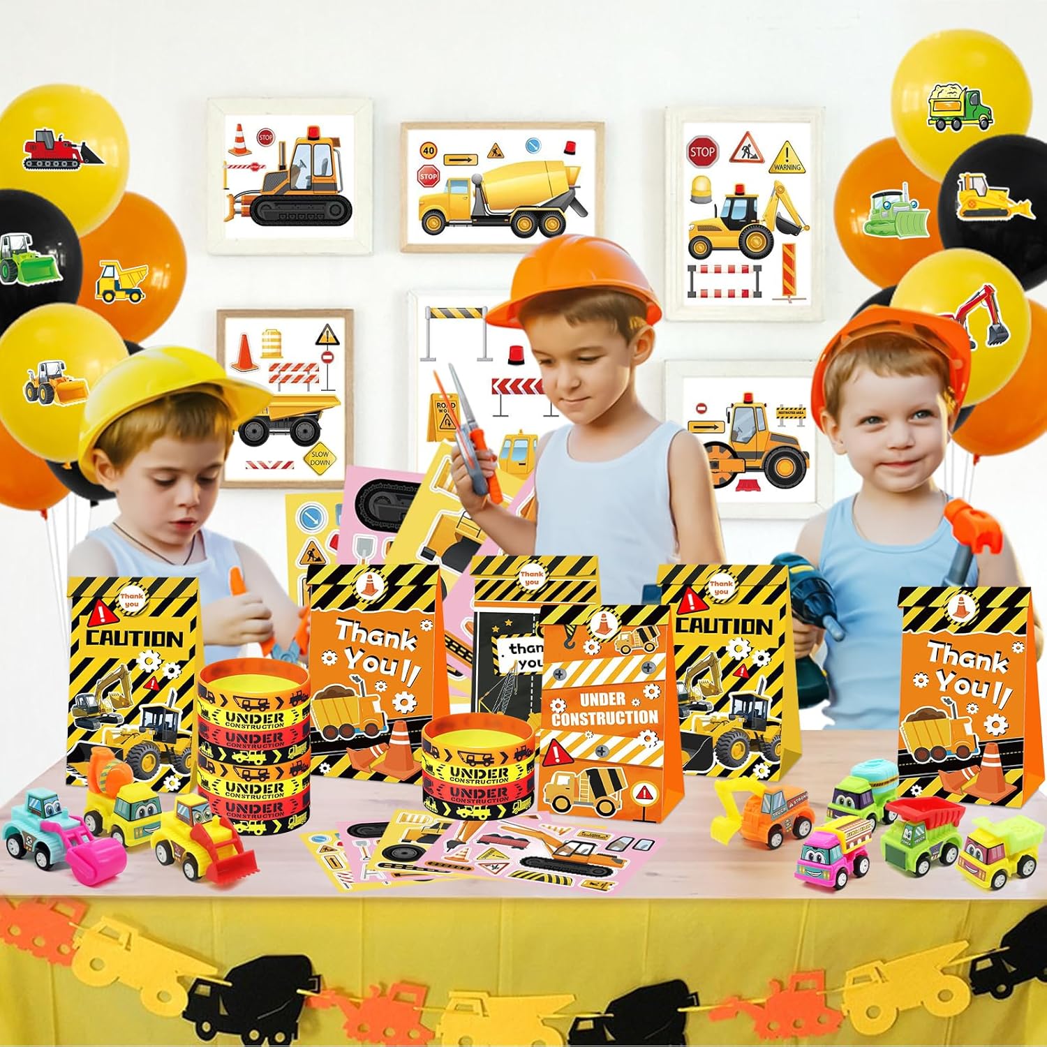 Recuerdos de fiesta de construcción, 122 piezas de bolsas de excavadora para excavadora, haz tus propias calcomanías de construcción, pulsera,