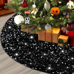 XIMISHOP Falda de árbol de lentejuelas de 48 pulgadas, falda de árbol negra plateada con purpurina para decoración de árbol de Navidad, Halloween, XIMISHOP Falda de árbol de lentejuelas de 48 pulgadas, falda de árbol negra plateada con purpurina para decoración de árbol de Navidad, Halloween,