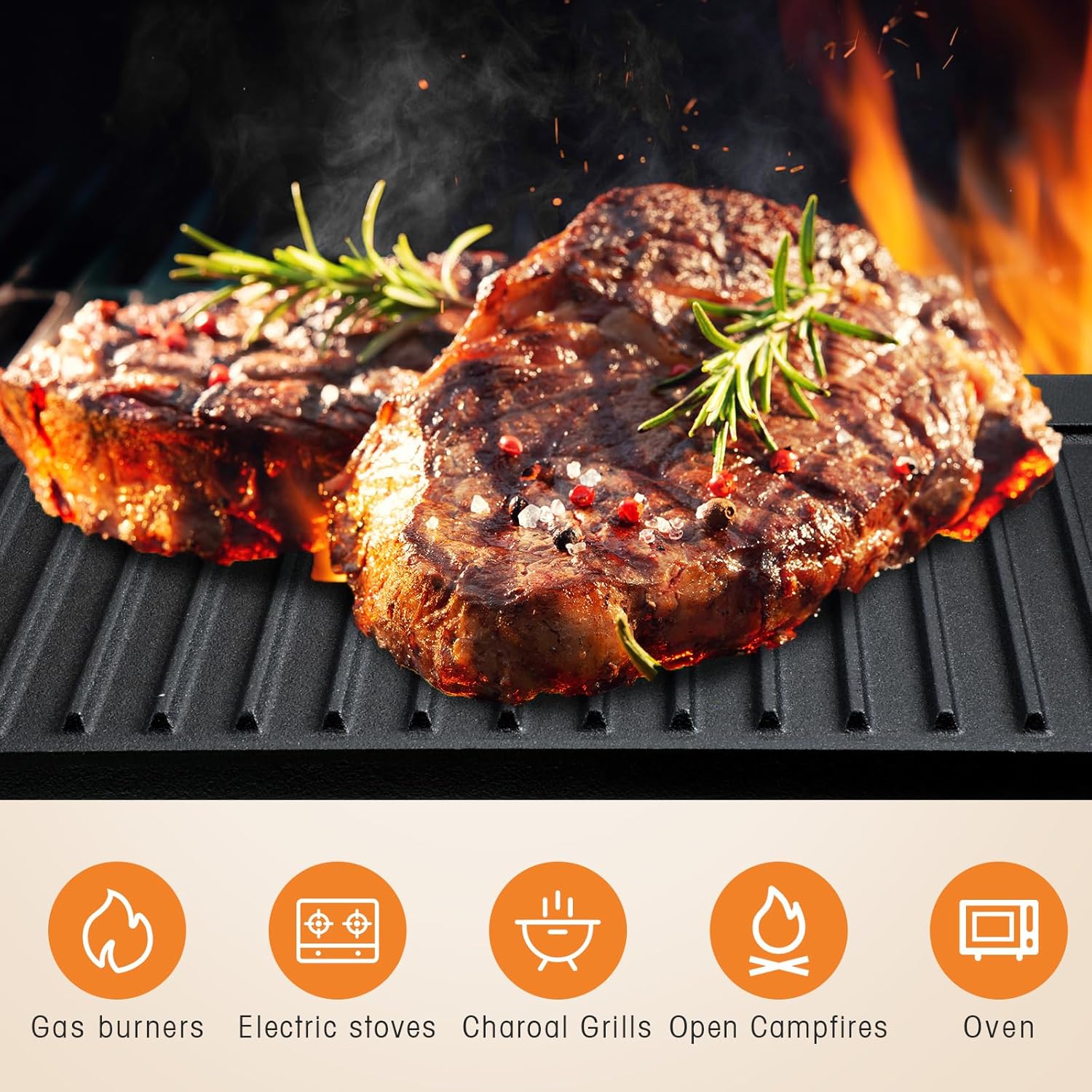 Mifoci Plancha de hierro fundido de 19.7 x 9.1 pulgadas con asas, placa de parrilla reversible 2 en 1 con guantes de protección térmica de silicona,