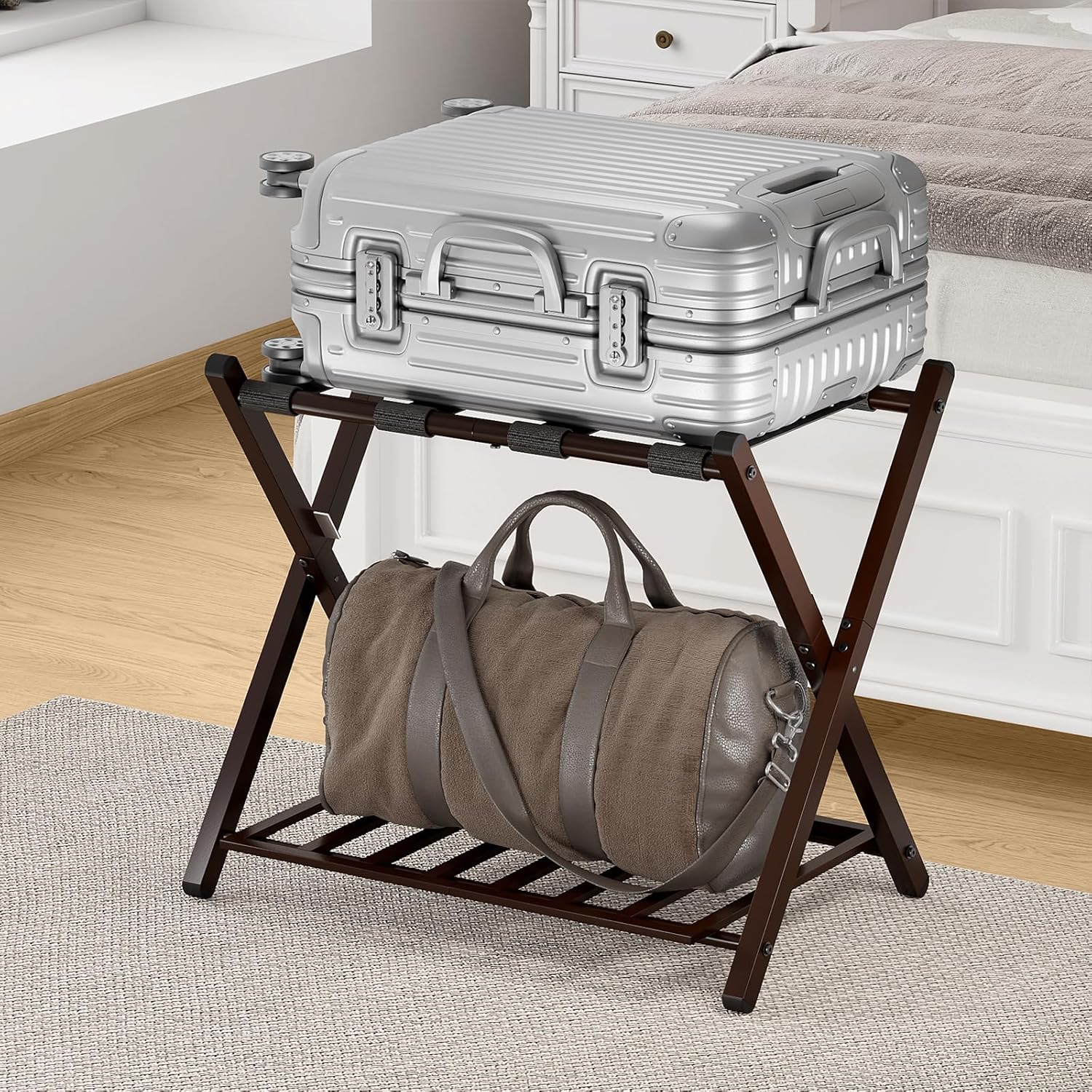 Portaequipajes plegable para habitación de invitados, soporte plegable para maleta con bloqueo magnético único y estante de acero, por nivel con