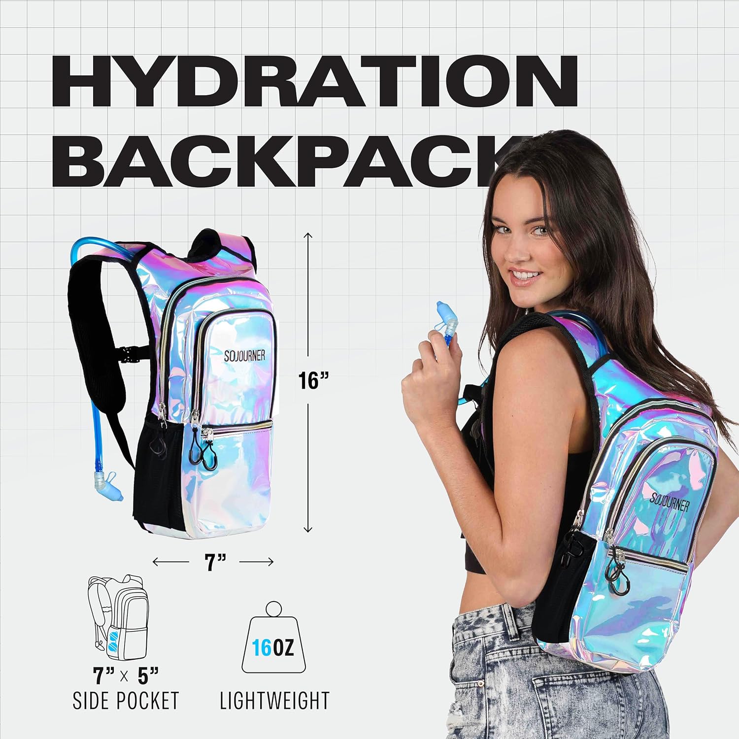 SoJourner Bags, Rave Hydration Pack – Bolsa de agua de 2L incluida, para festivales, raves, senderismo, ciclismo, fiestas, escalada, carrera y más