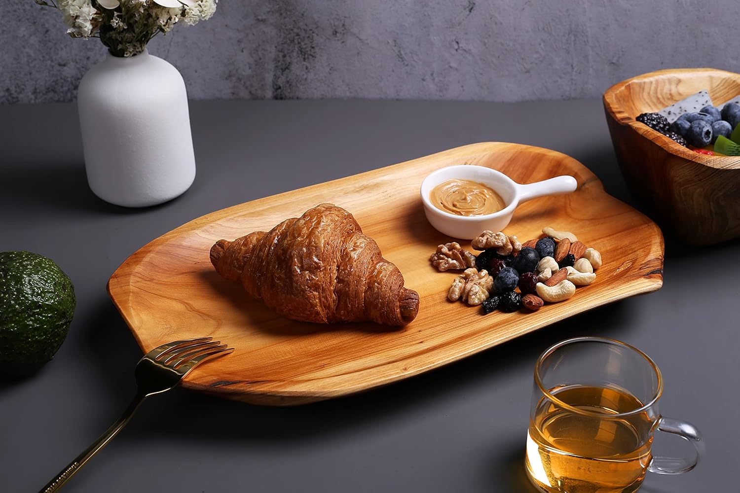 Jovivi Cuenco de madera de abeto natural, plato de madera hecho a mano, platos de madera para sándwich, pan, ensalada de frutas, aperitivos, masa,