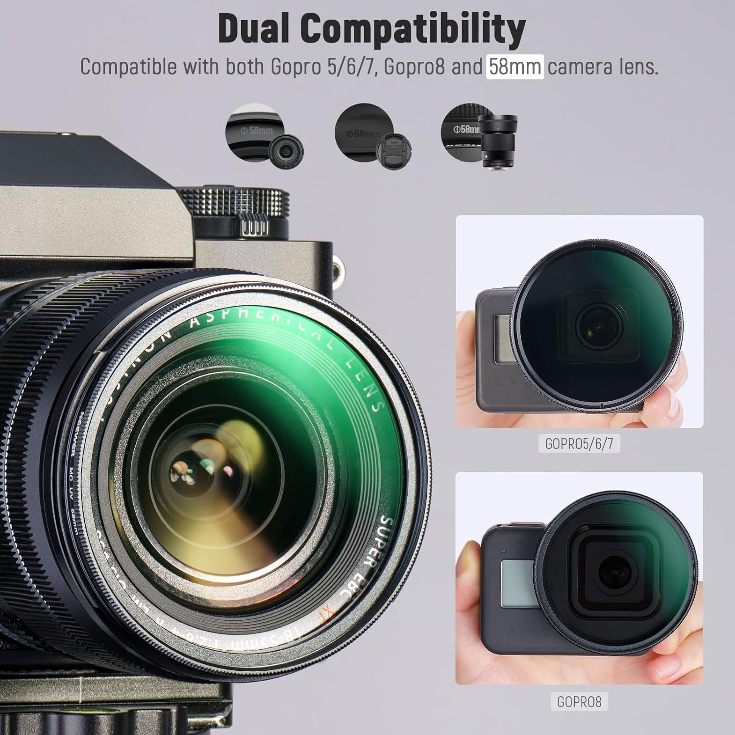 NEEWER Kit de filtro de lente de 2.283in compatible con GoPro Hero 8 7 6 5, juego de filtros polarizadores de densidad neutra, 4 filtros ND