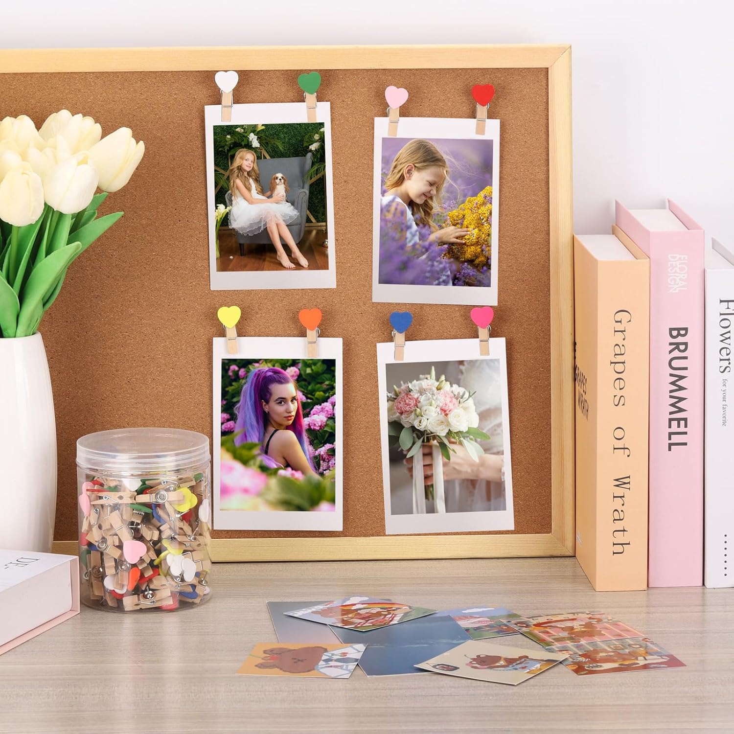 100 pines coloridos de corazón con clips de madera, alfileres decorativos, tachuelas para tablero de corcho, tablón de anuncios, notas de obras de