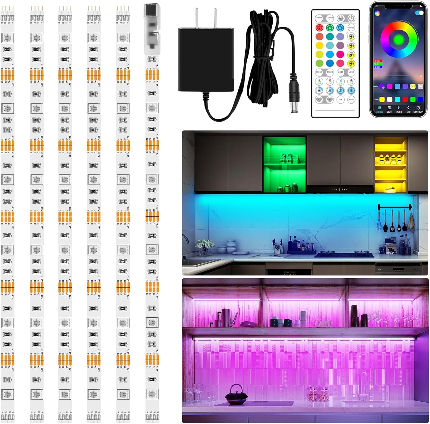 maylit Kit de iluminación RGB para debajo del gabinete, tira de luces LED con aplicación y control remoto, sincronización de música, luces LED que