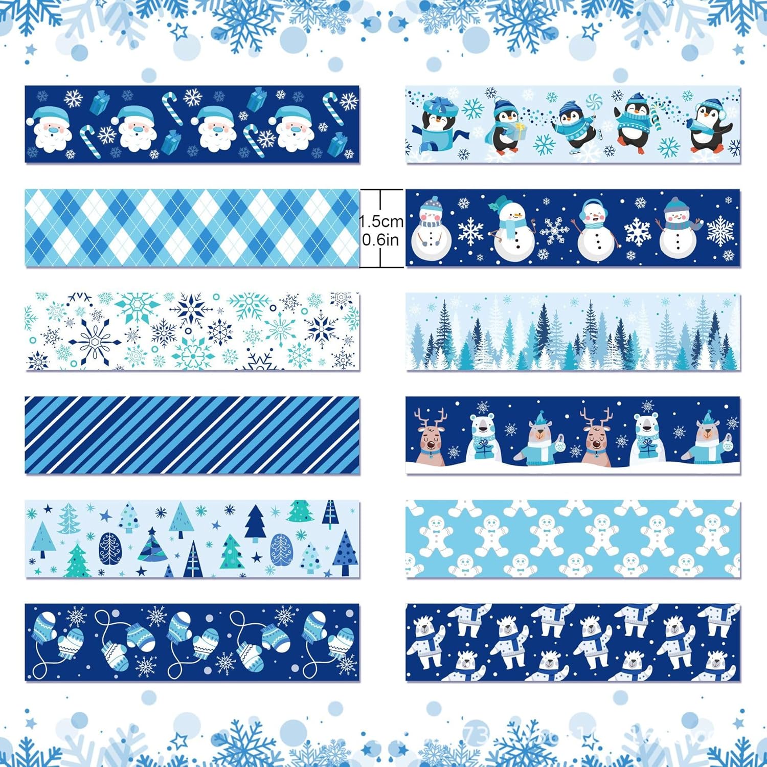 12 rollos de cinta Washi de Navidad de invierno, muñeco de nieve, muñeco de nieve, hombre de jengibre, cinta adhesiva decorativa de animales azules