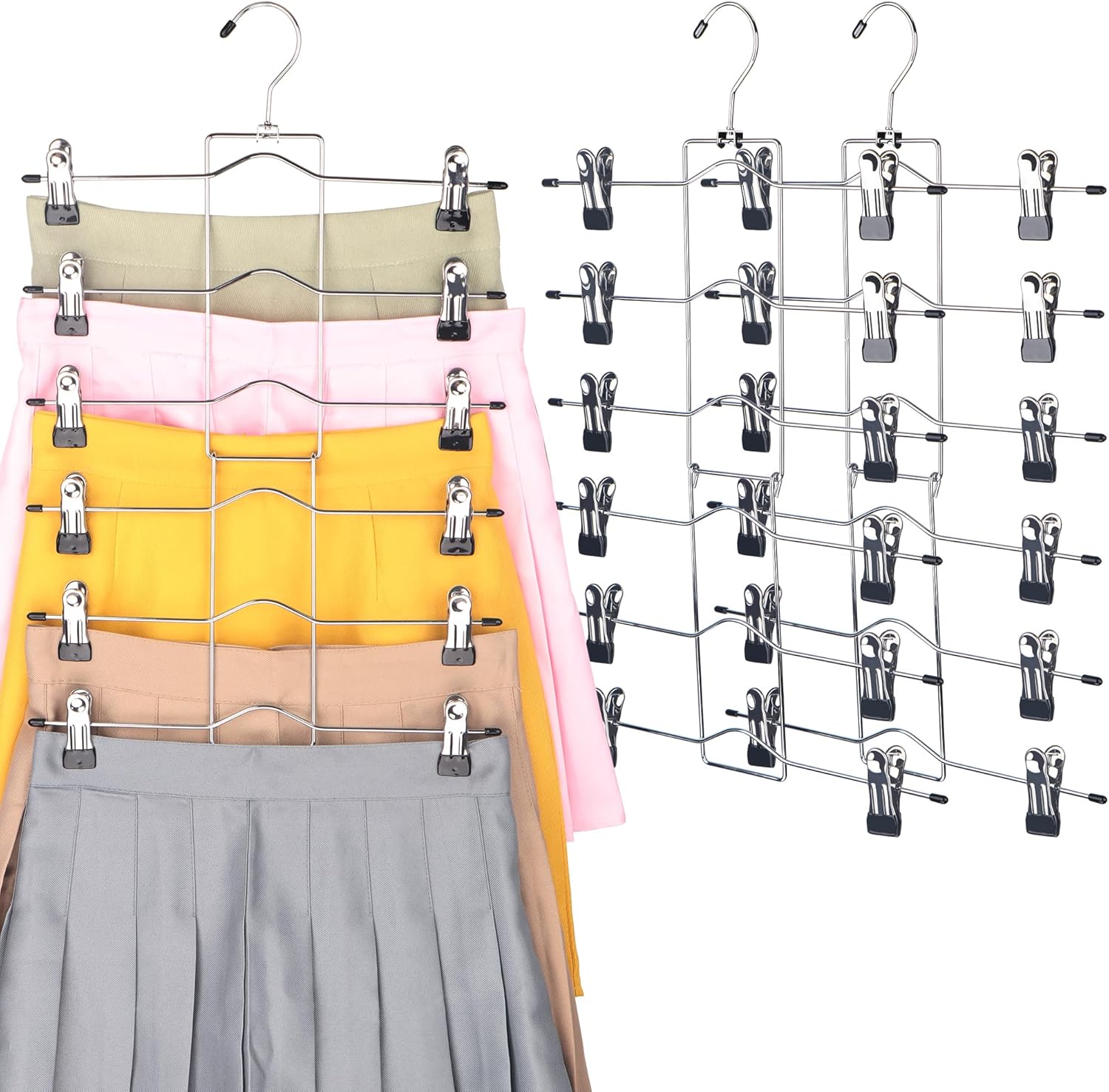 Paquete de 3 perchas para pantalones que ahorran espacio, organizadores de armario de 6 niveles y perchas de almacenamiento para faldas con clips
