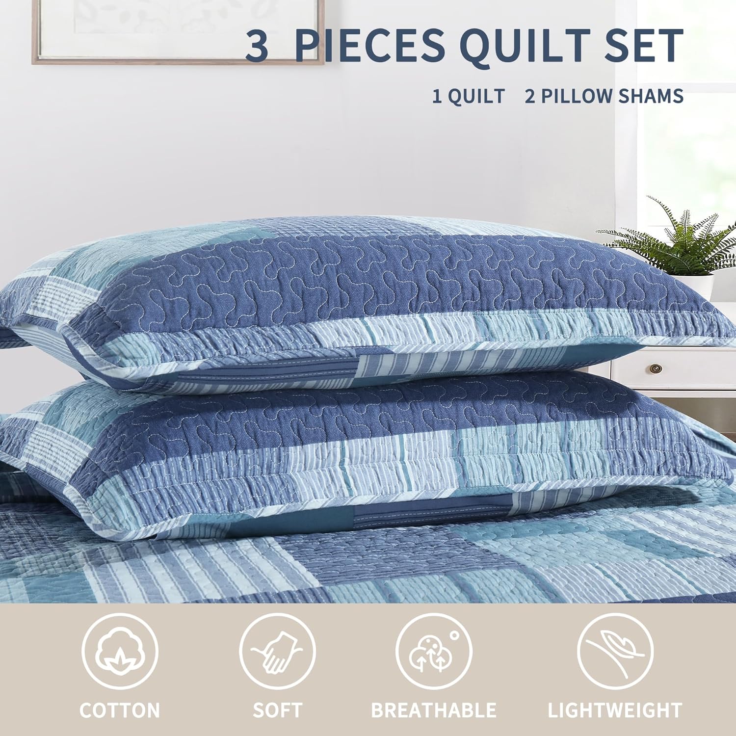 Homzard Juego de edredón de tamaño Queen – Juego de edredón 100% algodón a cuadros azules, juego de ropa de cama tamaño Queen, colcha ligera de