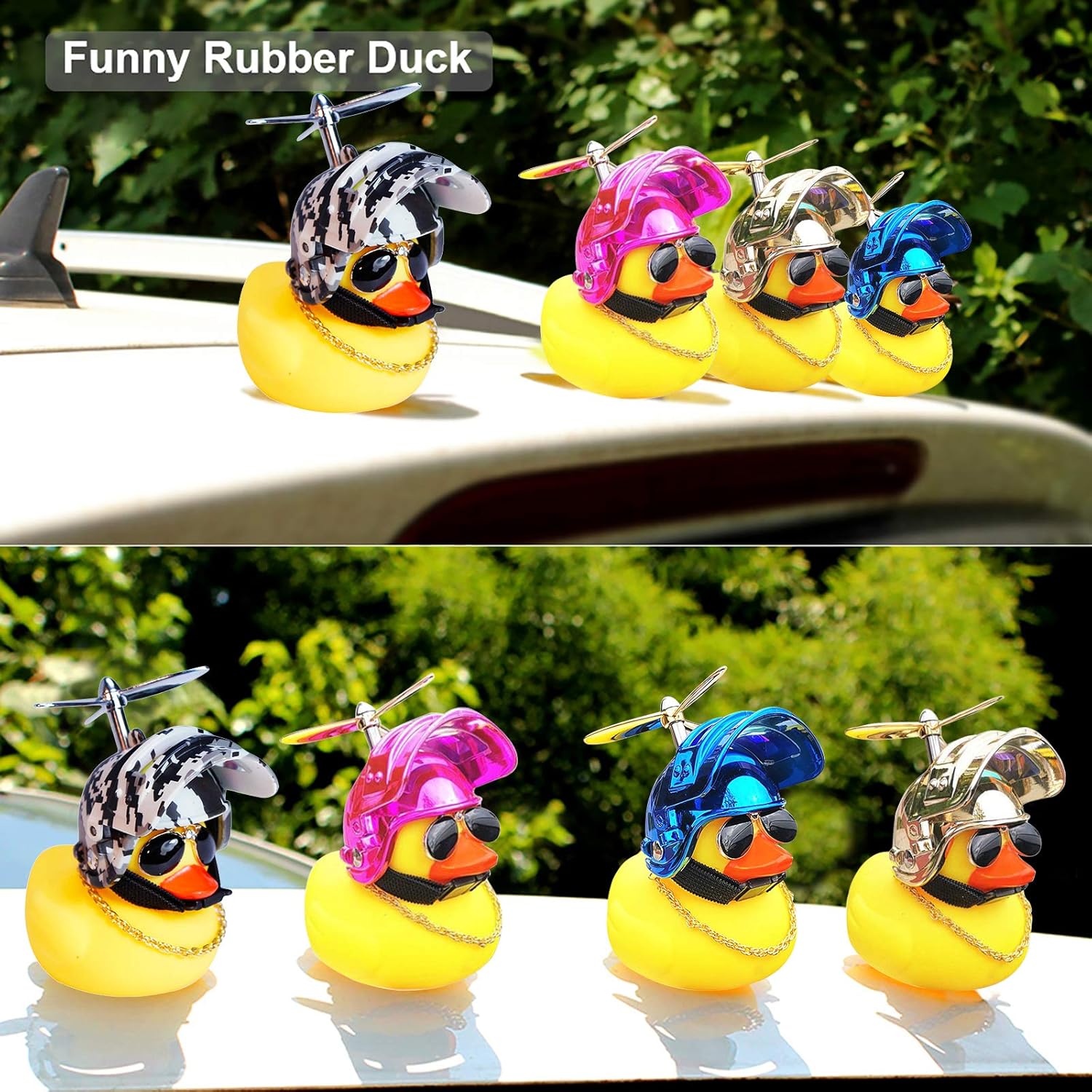 wonuu Decoraciones de pato para tablero de automóvil, paquete de 3 patos de goma para accesorios de automóvil, pato de goma con casco de empuje,