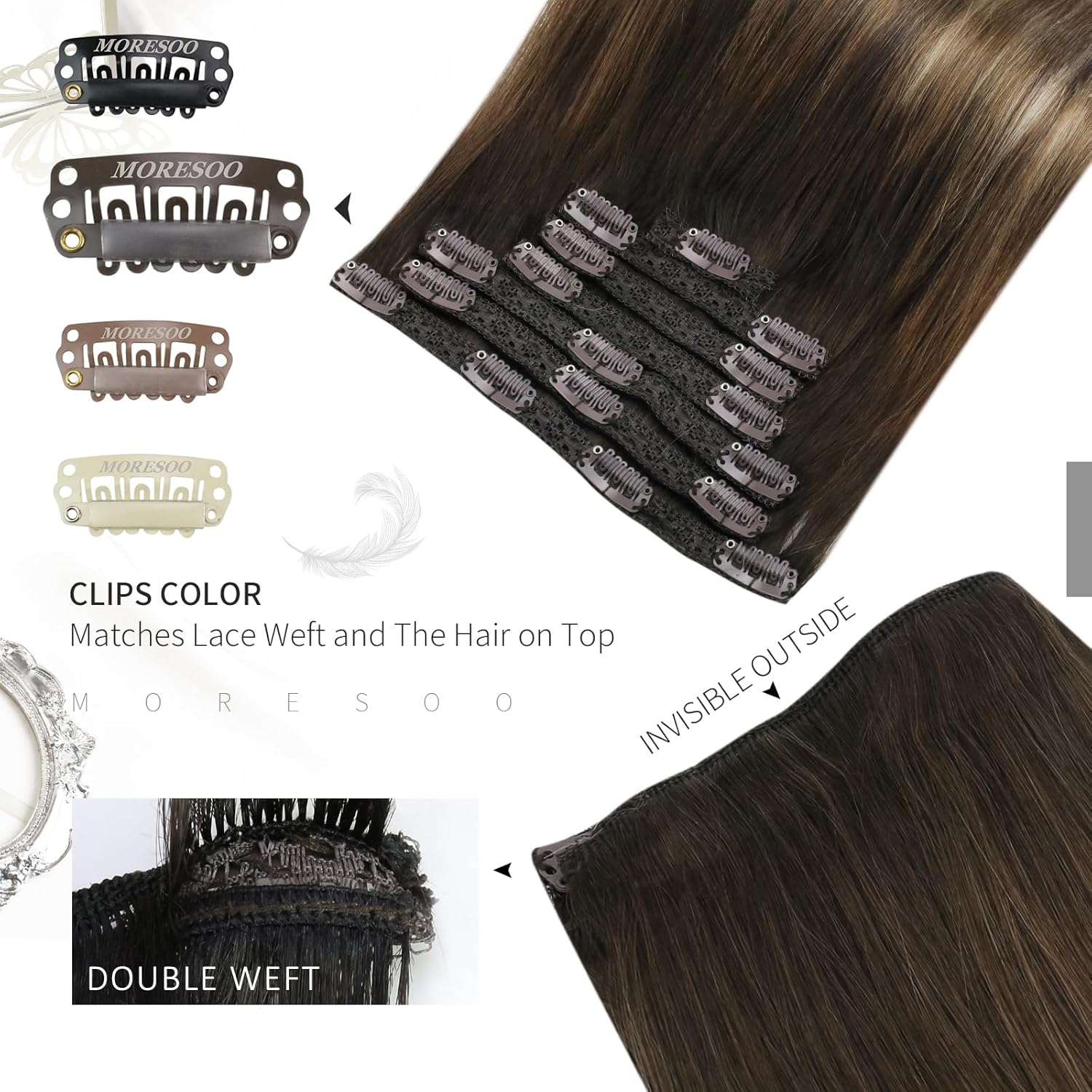 Moresoo – Extensiones de cabello humano Remy con pinzas, balayage, color degradado, trama doble, cabello grueso, para toda la cabeza, 20 pulgadas,