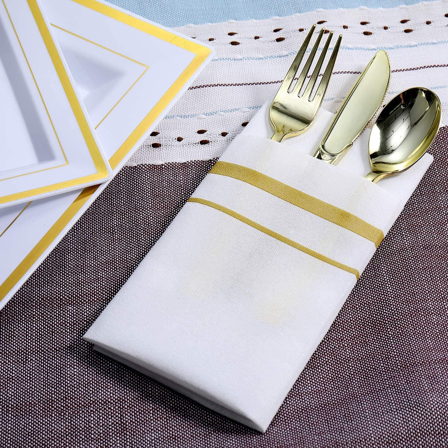 Servilletas desechables doradas con bolsillo integrado para cubiertos, servilletas de almuerzo como tela para bodas, fiestas, sensación de lino, 150