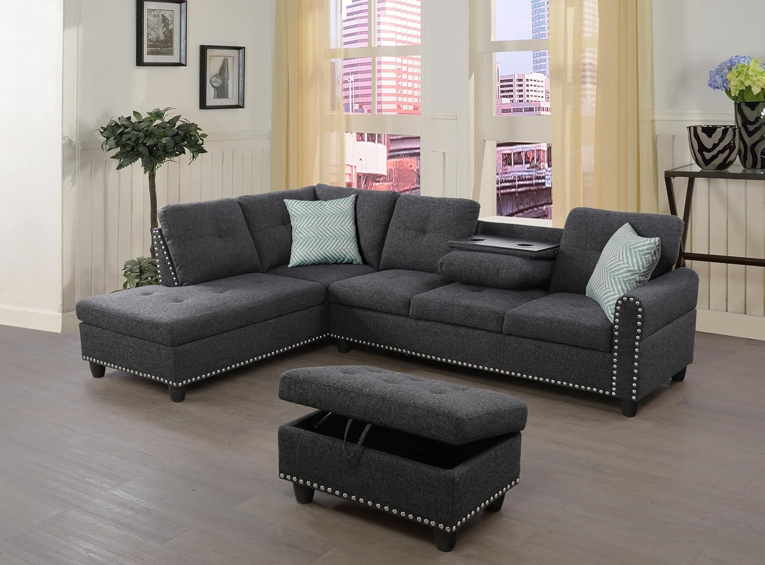 Sofá modular de 3 piezas, juego de muebles de sala de estar, sofá esquinero tapizado de 5 plazas en forma de L, 1 diván gris oscuro