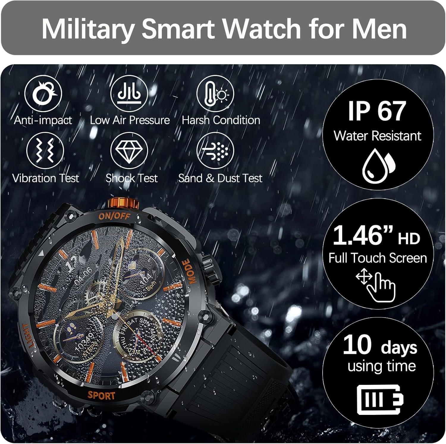 Reloj inteligente militar para hombre (recepción de llamadasmarcación), reloj inteligente táctico al aire libre con más de 100 modos deportivos,