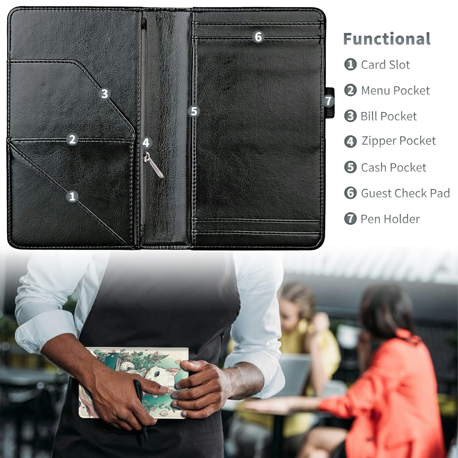 Librería de gato flores lindos libros de servidor para camarera, cartera de cuero para camarero con bolsillo para dinero, 5 x 8 camareras soporte
