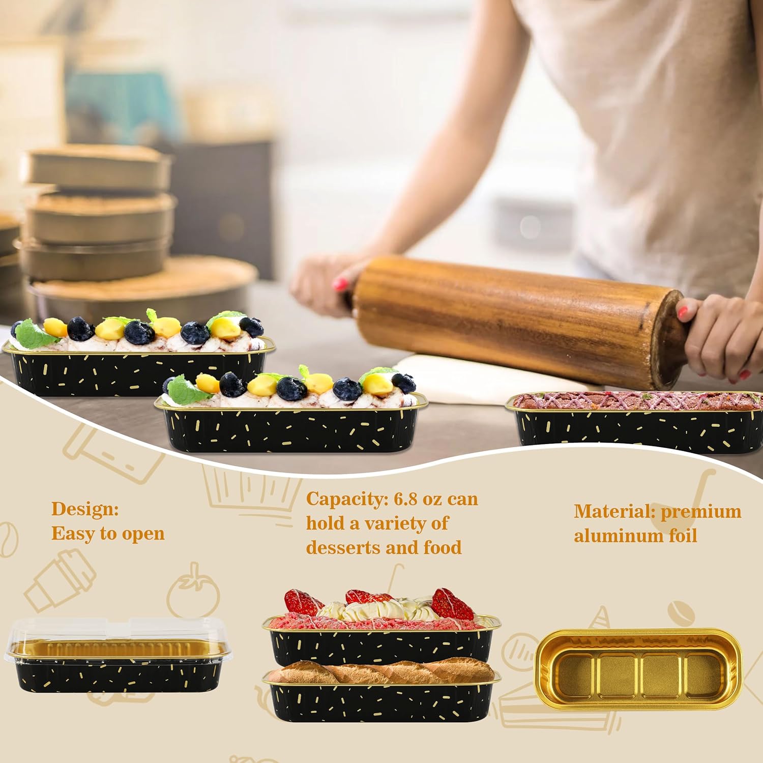 Mini moldes para pan con tapas, 30 moldes para pasteles de 6.8 onzas, 6.8 fl oz, con tapas, desechables, de papel de aluminio, para magdalenas,