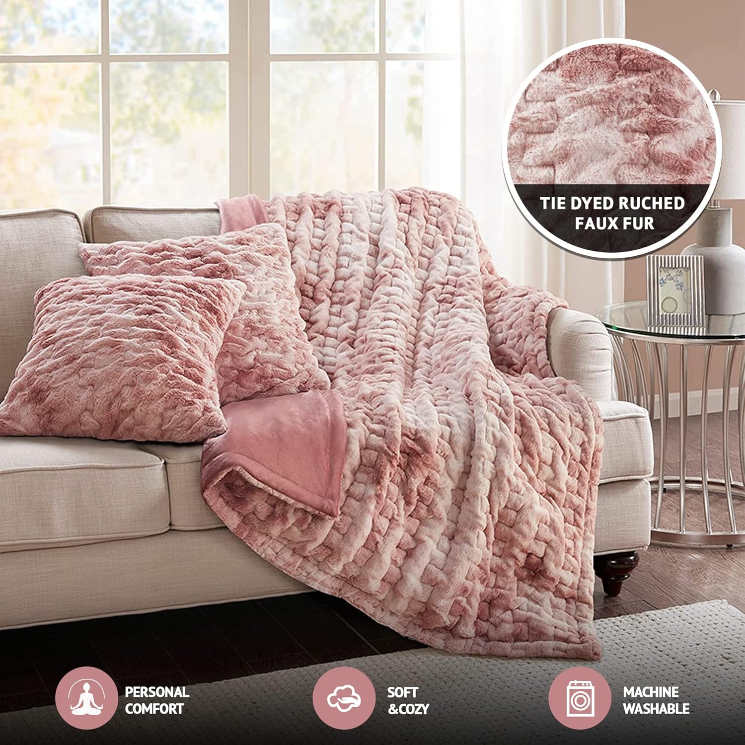 Comfort Spaces Lujoso y mullido juego de manta de felpa de piel sintética suave con 2 fundas de almohada cuadradas a juego, para sofá, silla, sofá,