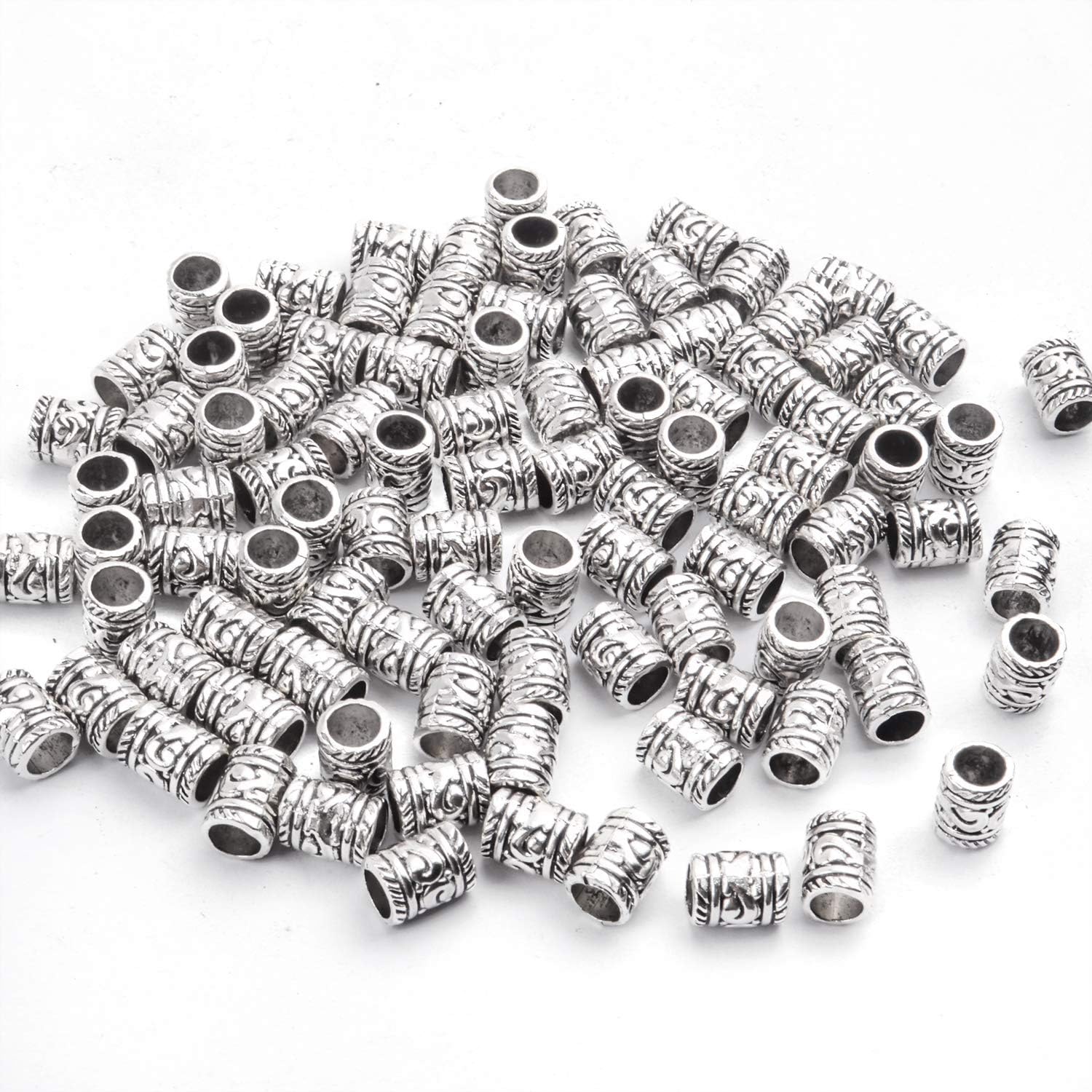 BronaGrand 100 cuentas espaciadoras de plata antigua, cuentas de agujero grande, cuentas de tubo hueco para pulseras y collares de bricolaje