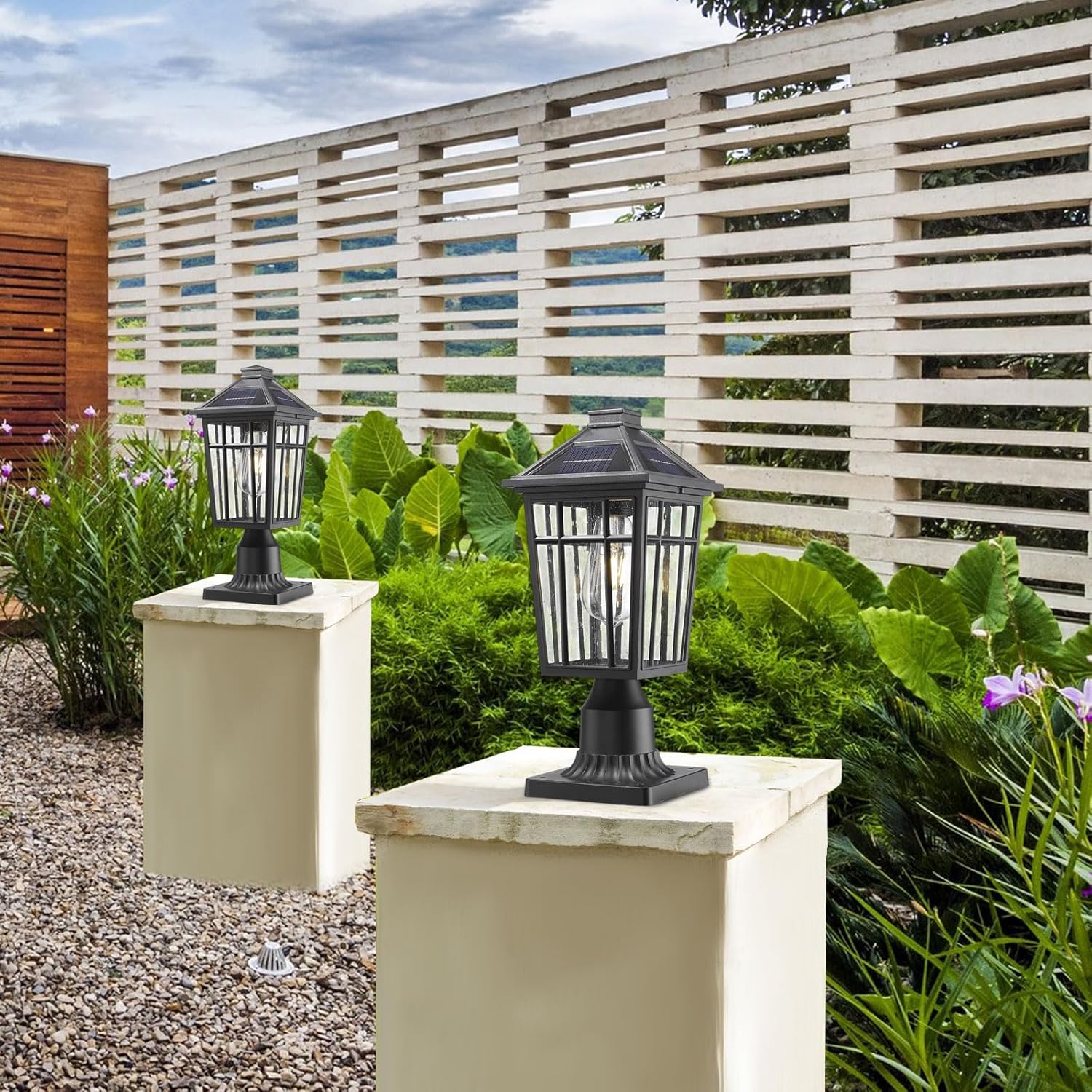 Darkaway Lámpara de poste solar para exteriores, poste de luz de aluminio del atardecer al amanecer, poste de lámpara con control remoto, lámpara de