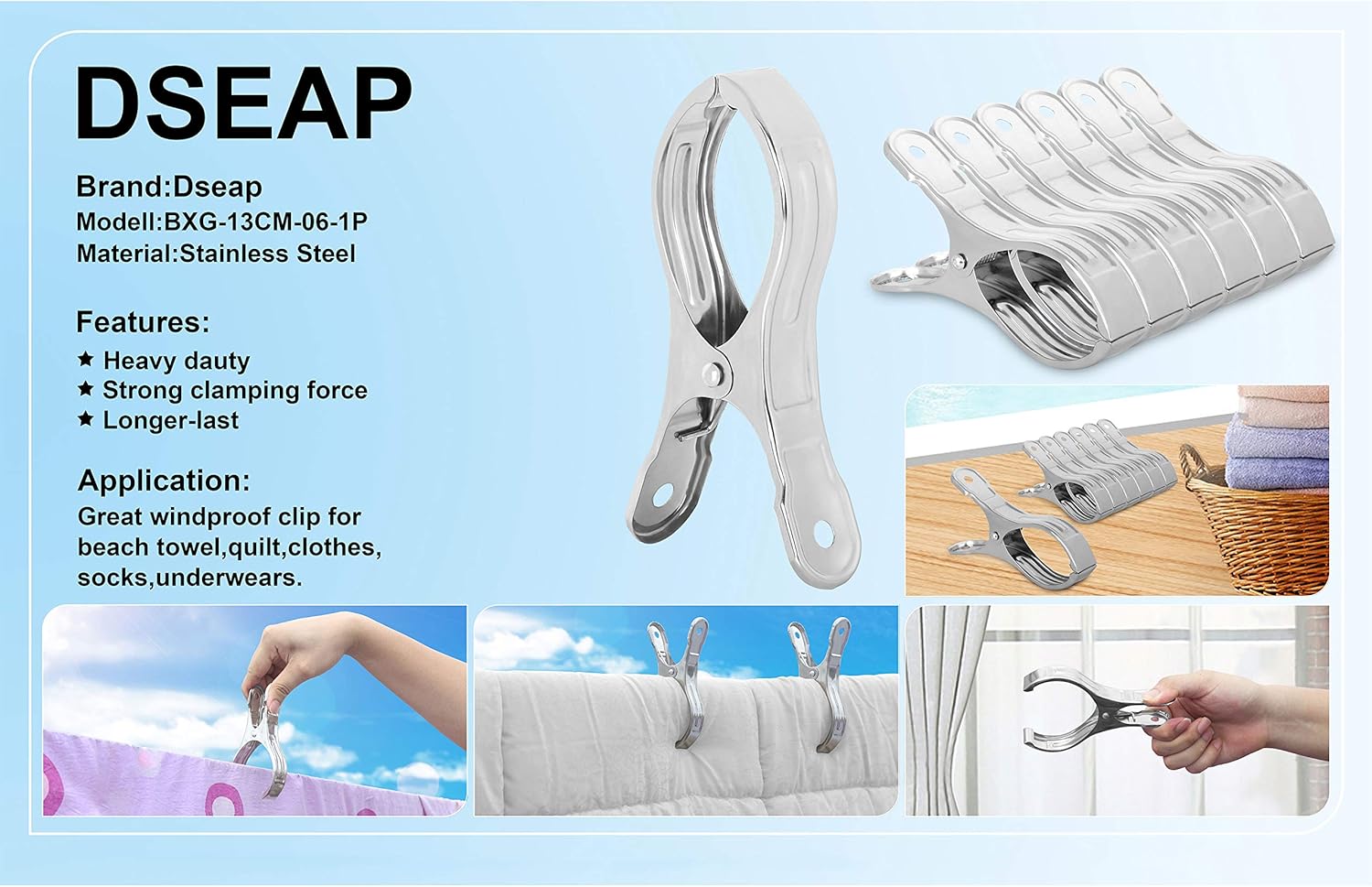 Dseap Clips para toallas Paquete de 6, 5-18 “L, clips de toalla de playa de metal de acero inoxidable jumbo, abrazaderas para cubierta de piscina,