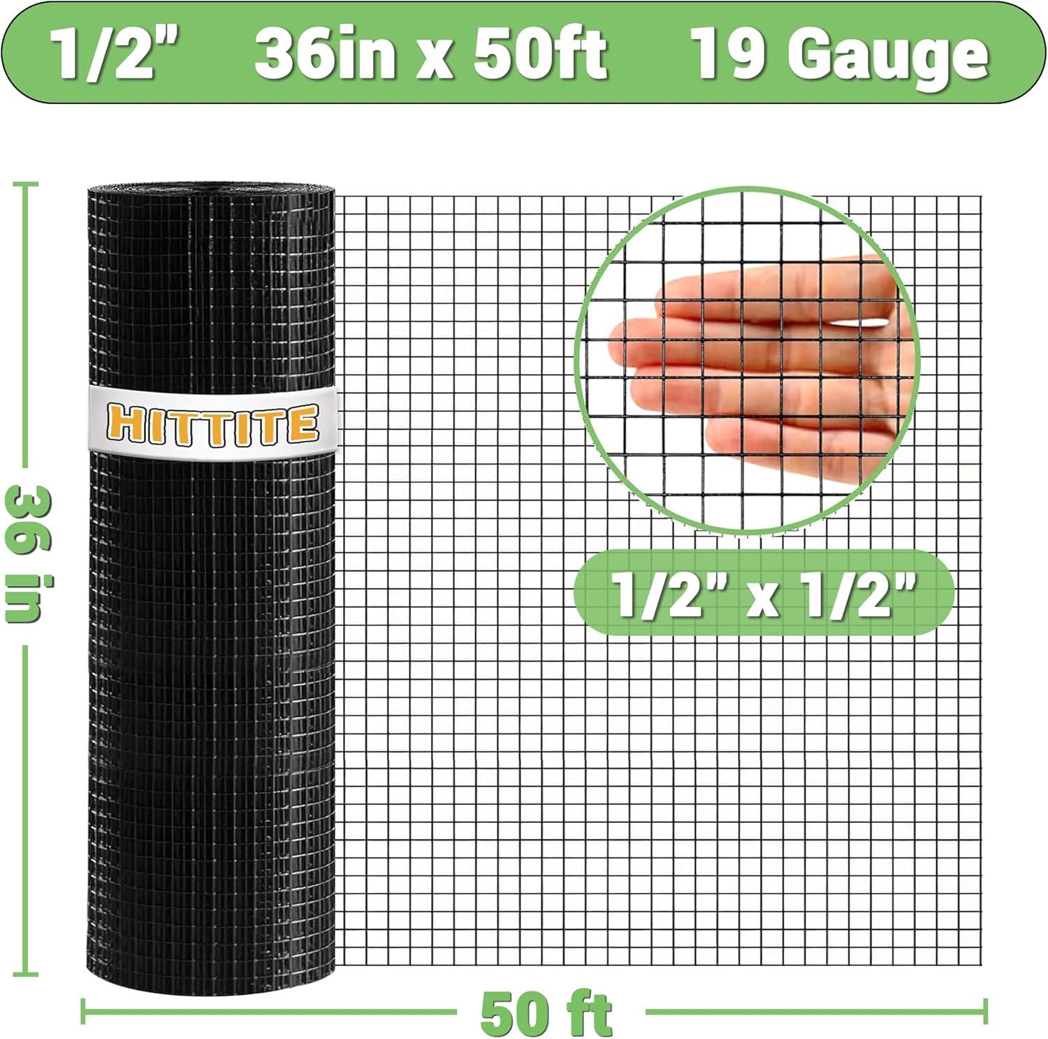 HITTITE Tela de hardware de 12 pulgada 36 x 50 pies, malla de alambre recubierta de PVC negro soldado calibre 19, malla de valla de alambre de pollo