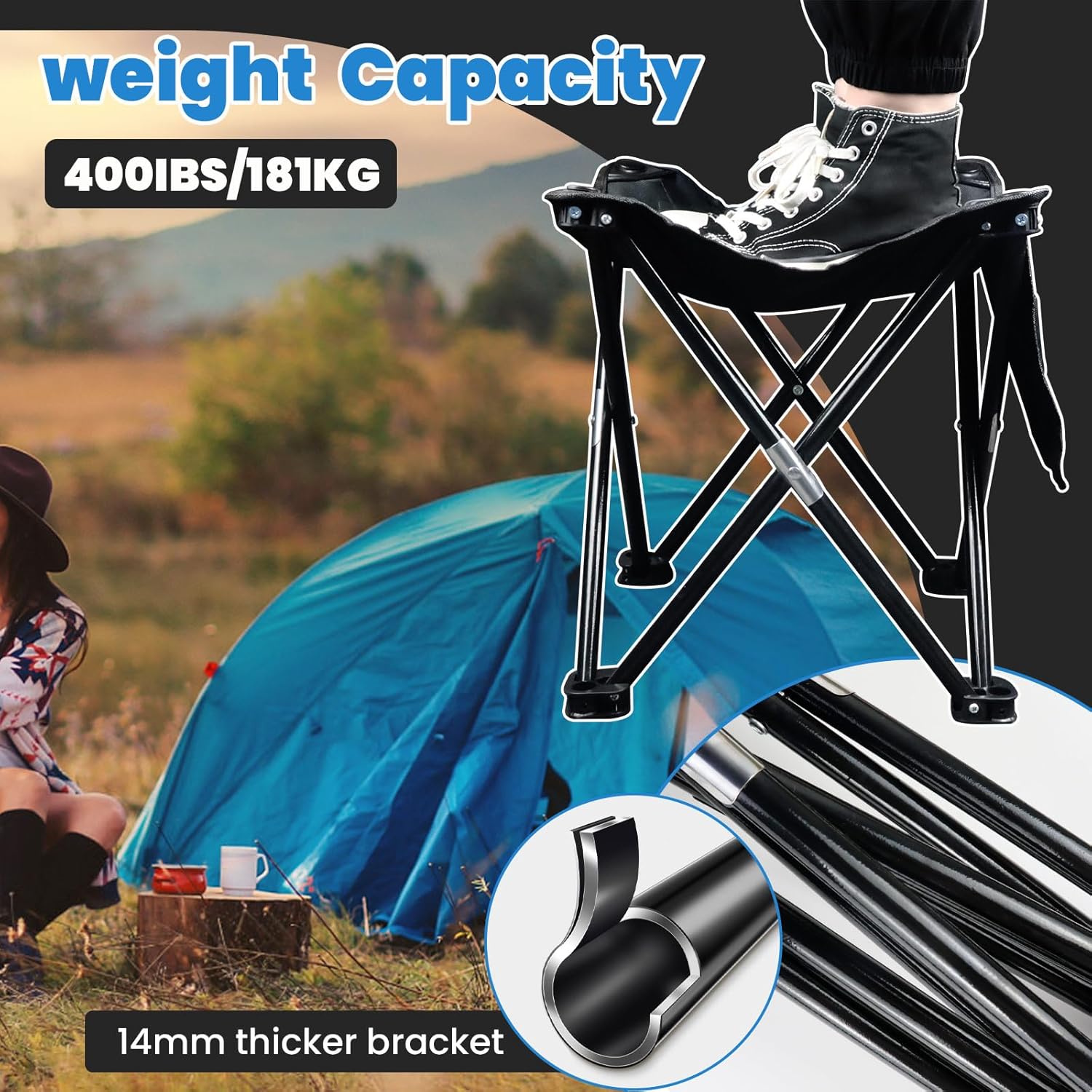 Roucerlin Taburete plegable para acampar con bolsillo lateral y bolsa de transporte, taburete portátil de campamento de pesca de 12.9 pulgadas,