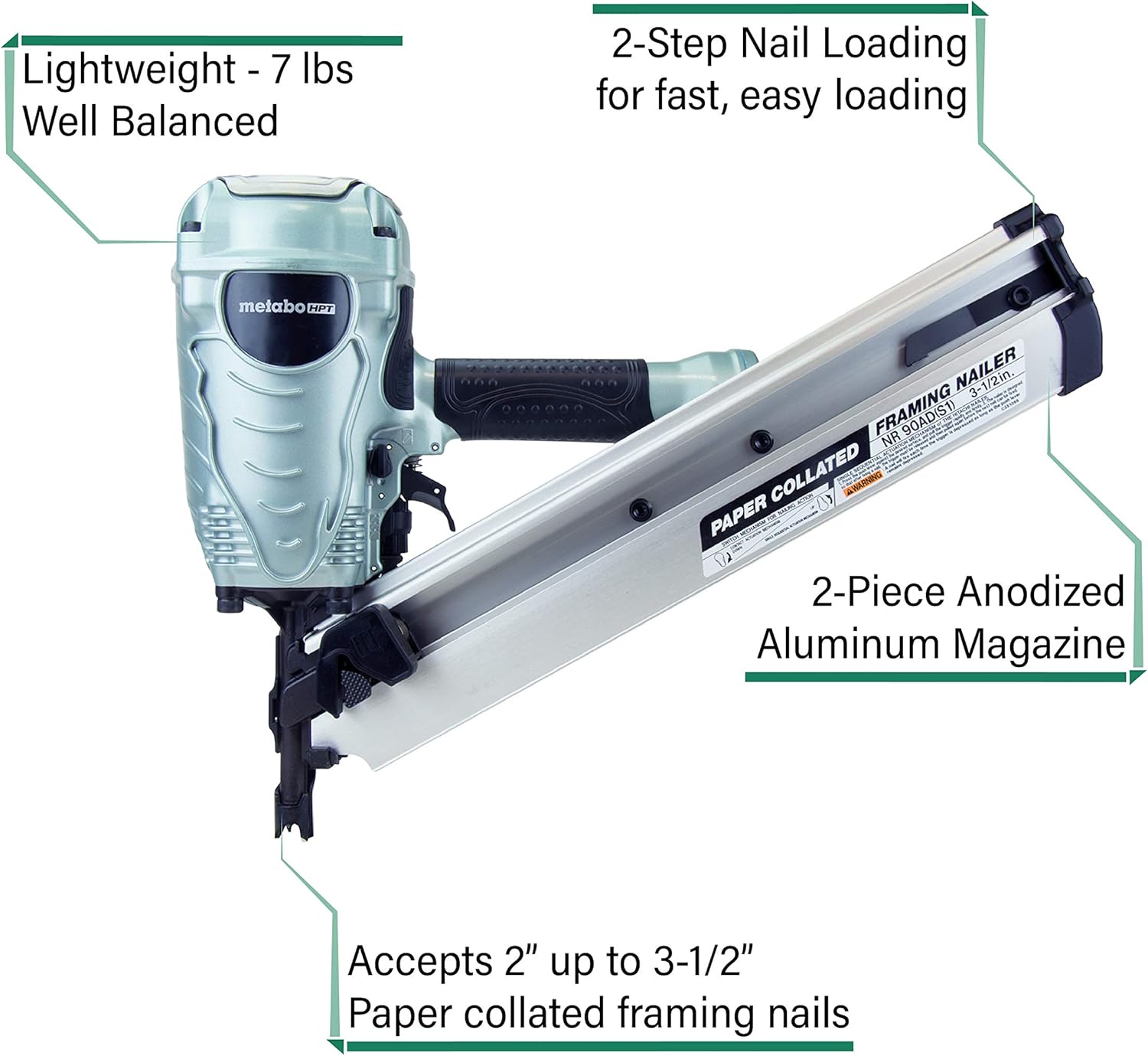 Metabo HPT Clavadora para enmarcar  Marca Pro Preferred de clavadoras neumáticas  Cargador de 30 grados  Acepta clavos de papel de 2 a 3-12 pulgadas