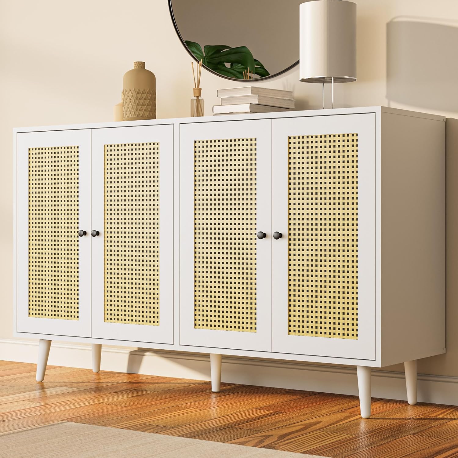 Cozy Castle Gabinete de buffet de ratán blanco con almacenamiento, aparador con 4 puertas de ratán, armario de almacenamiento para sala de estar,