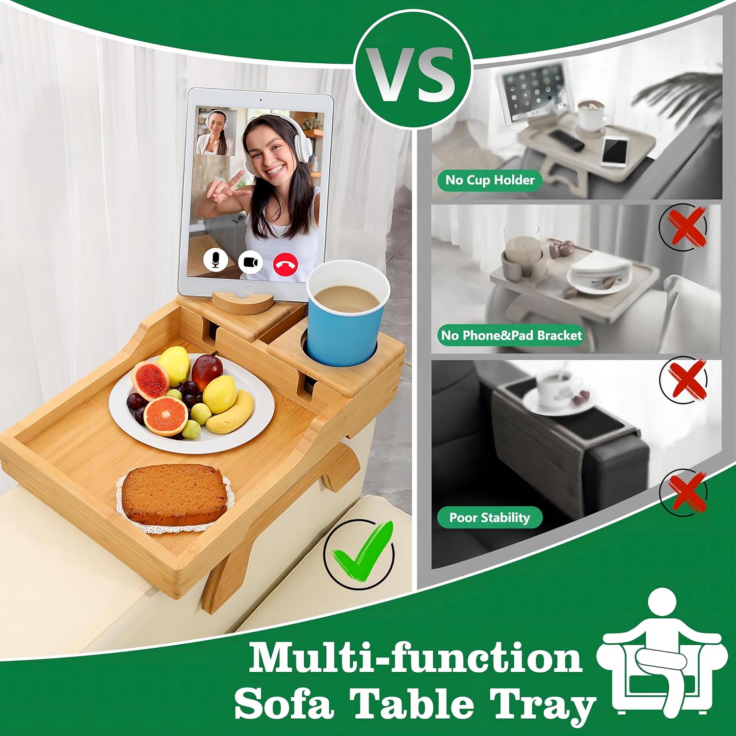 Mesa de brazo para sofá, bandejas de TV plegables multifunción con soporte giratorio de 360 para teléfono y almohadilla, bandeja de mesa de sofá