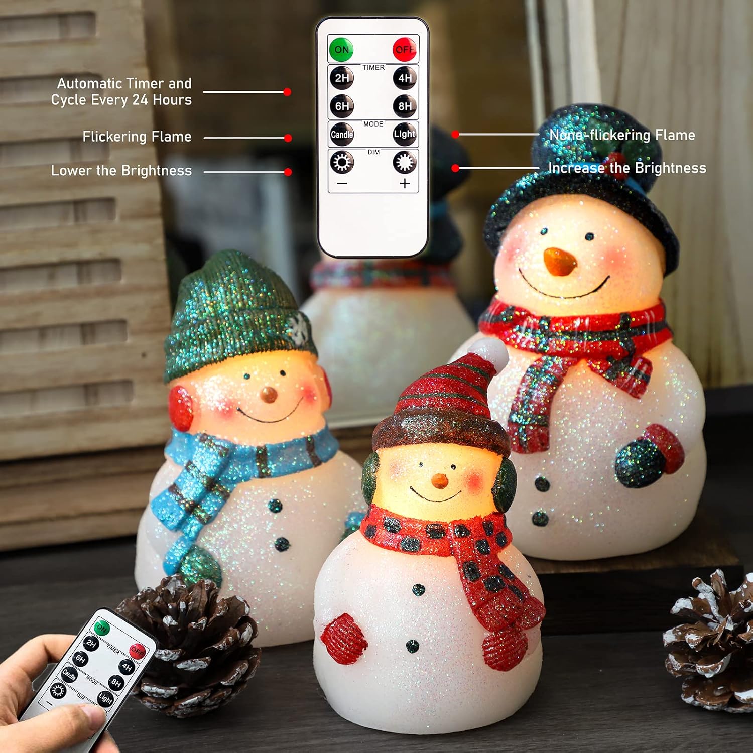 Velas LED de Navidad sin llama, muñeco de nieve, iluminación novedosa, funciona con pilas, con control remoto, velas parpadeantes decorativas para
