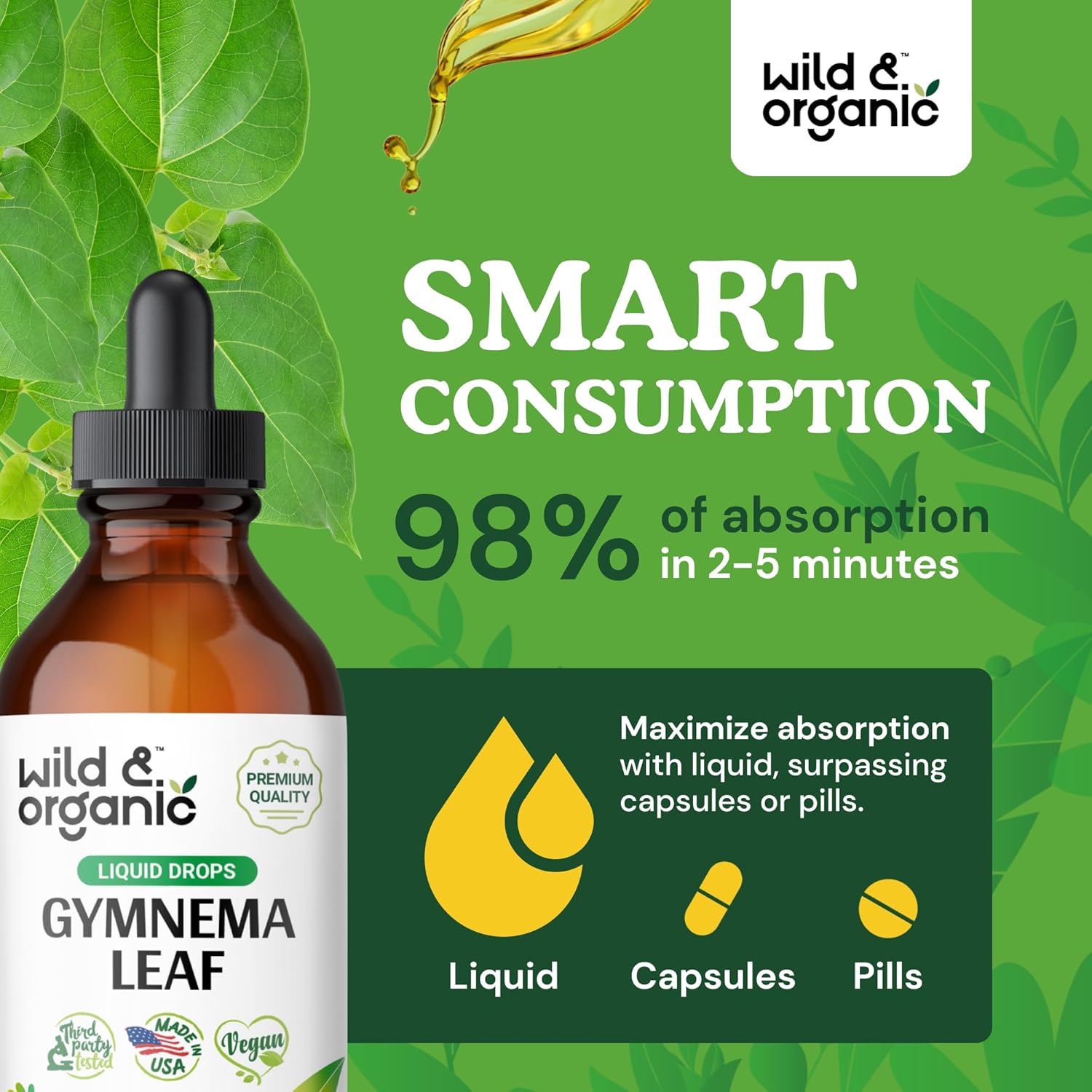 Gymnema Sylvestre Extracto líquido  Suplemento orgánico de Gymnema Sylvestre  Gotas de Gymnema Sylvestre veganas, sin alcohol, 2 onzas líquidas