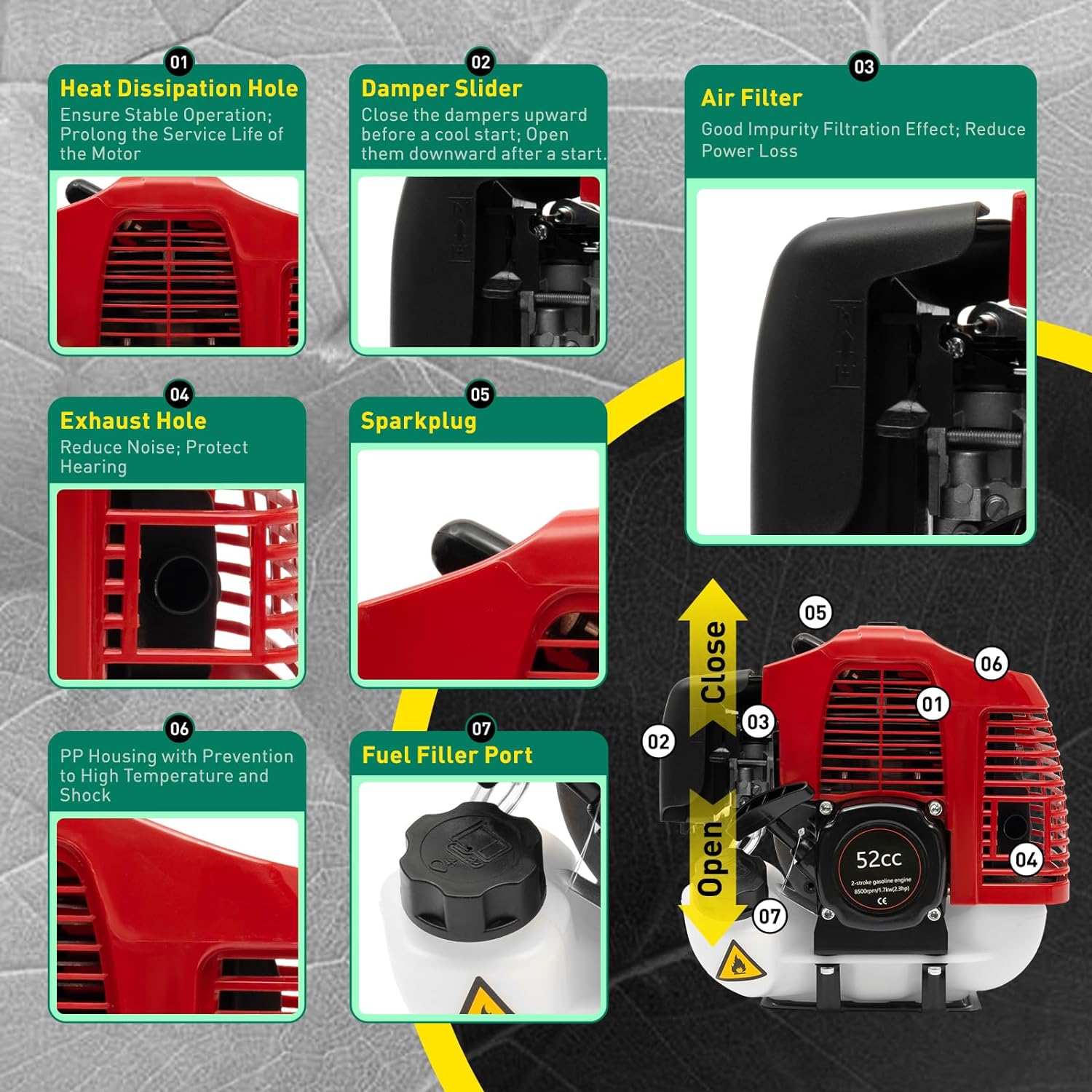 Escoba de gas de 52 cc y 2.3 HP, escoba de mano con motor de gasolina de 2 tiempos, escoba de barrido de nieve para césped limpio de entrada (estilo