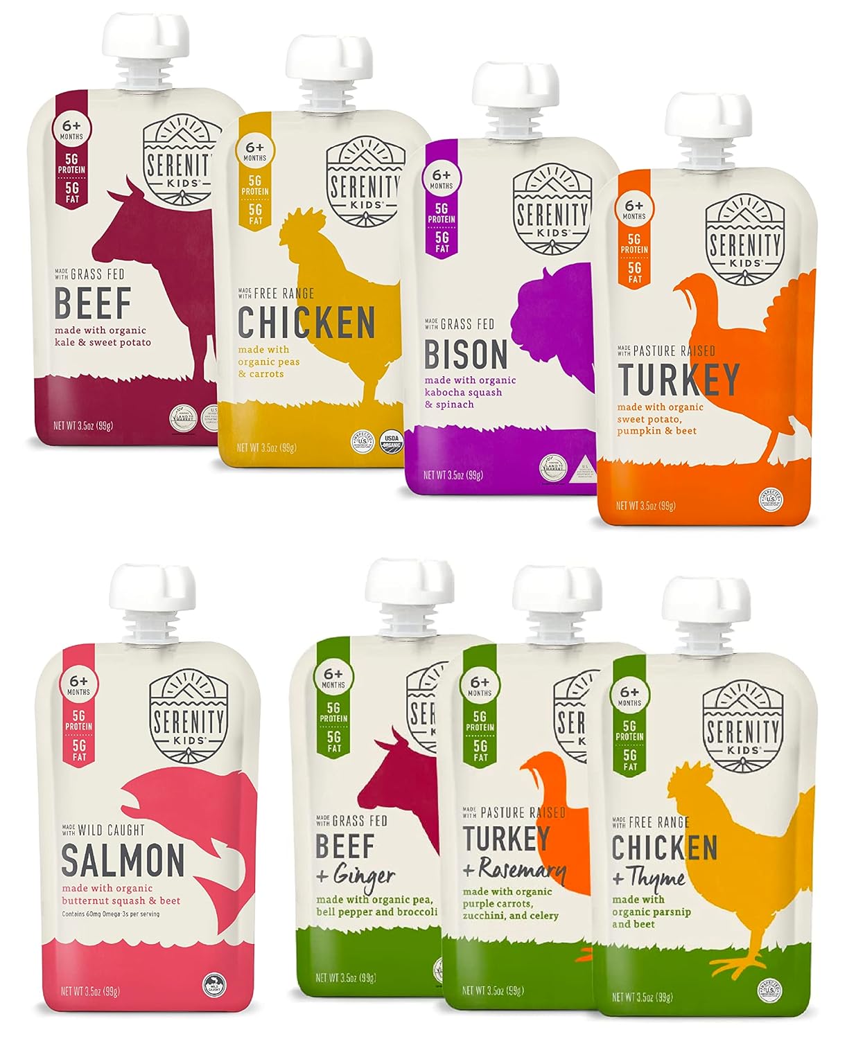 Serenity Kids Paquete de 6 meses de muestras de proteínas para alimentos para bebés  Carne de res, bisonte, pollo, pavo, salmón (20 unidades)